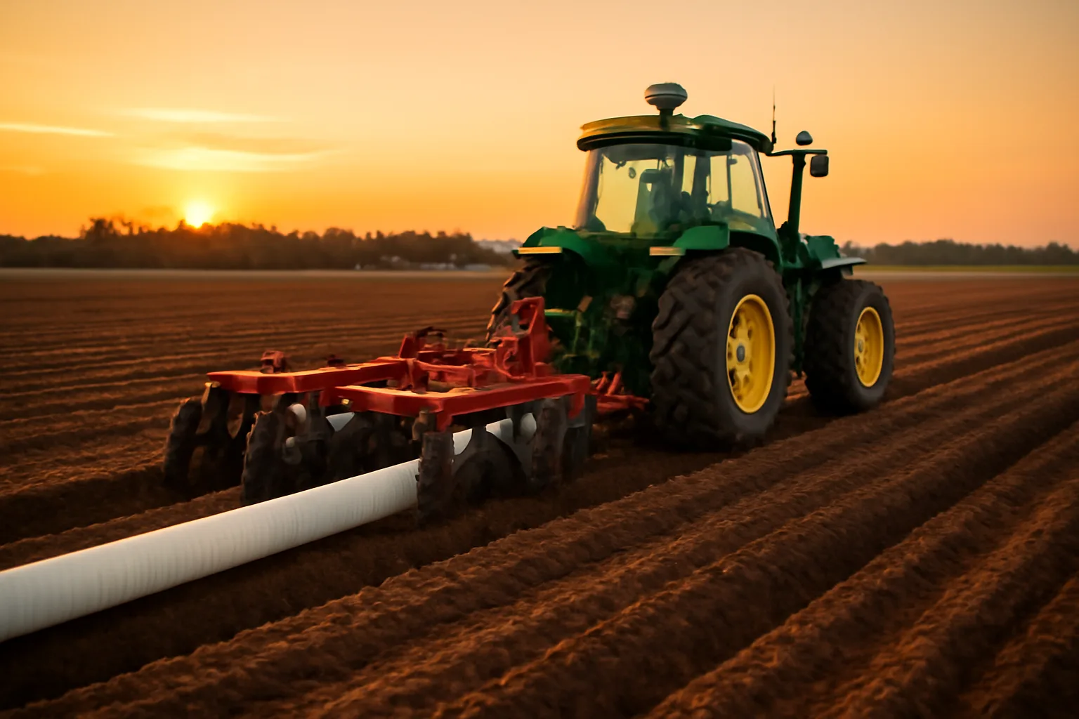 GPS tile plow laying drainage pipe across flat Alabama farm field at golden hour