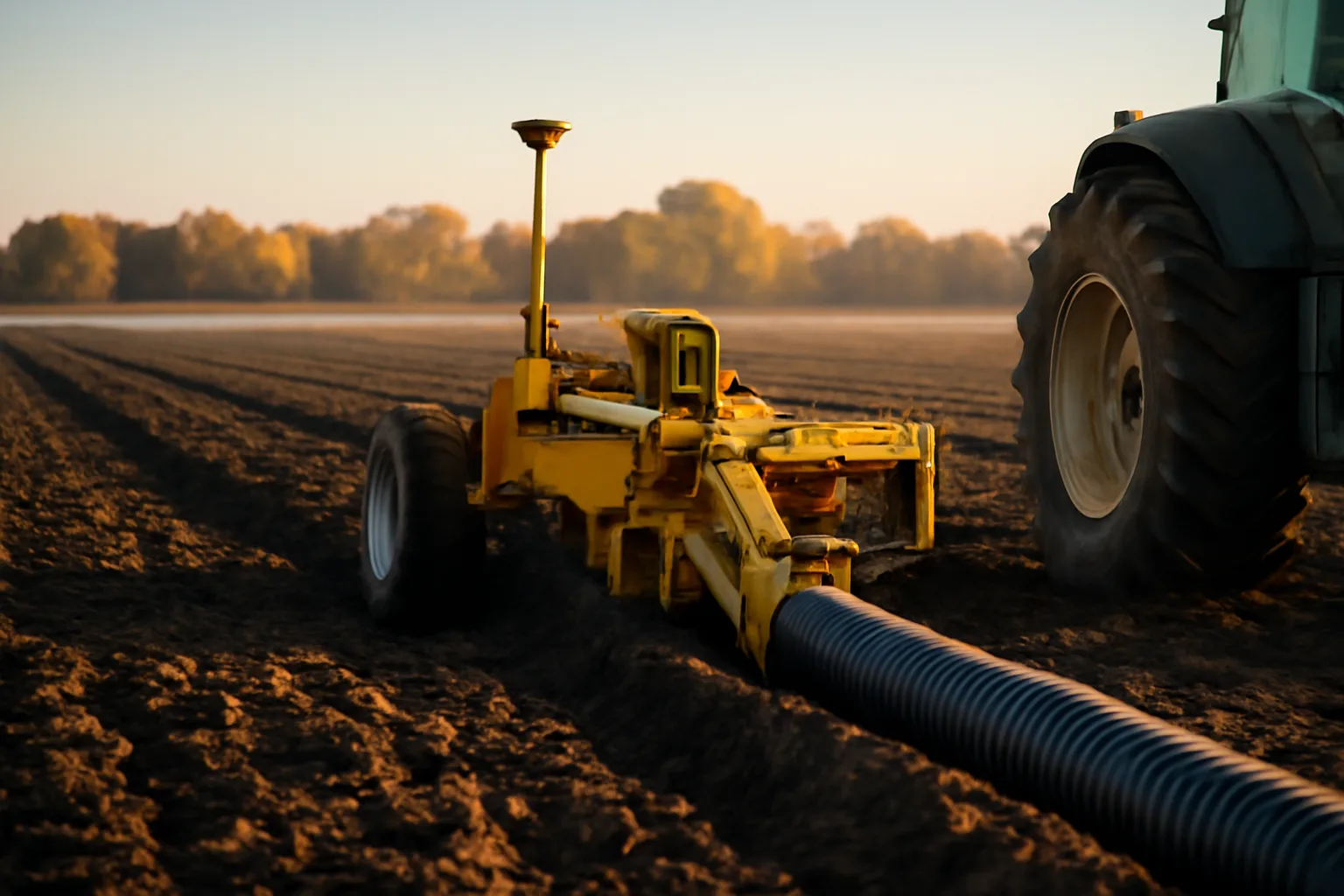 GPS tile plow installing drainage pipe through clay farmland in Alabama autumn