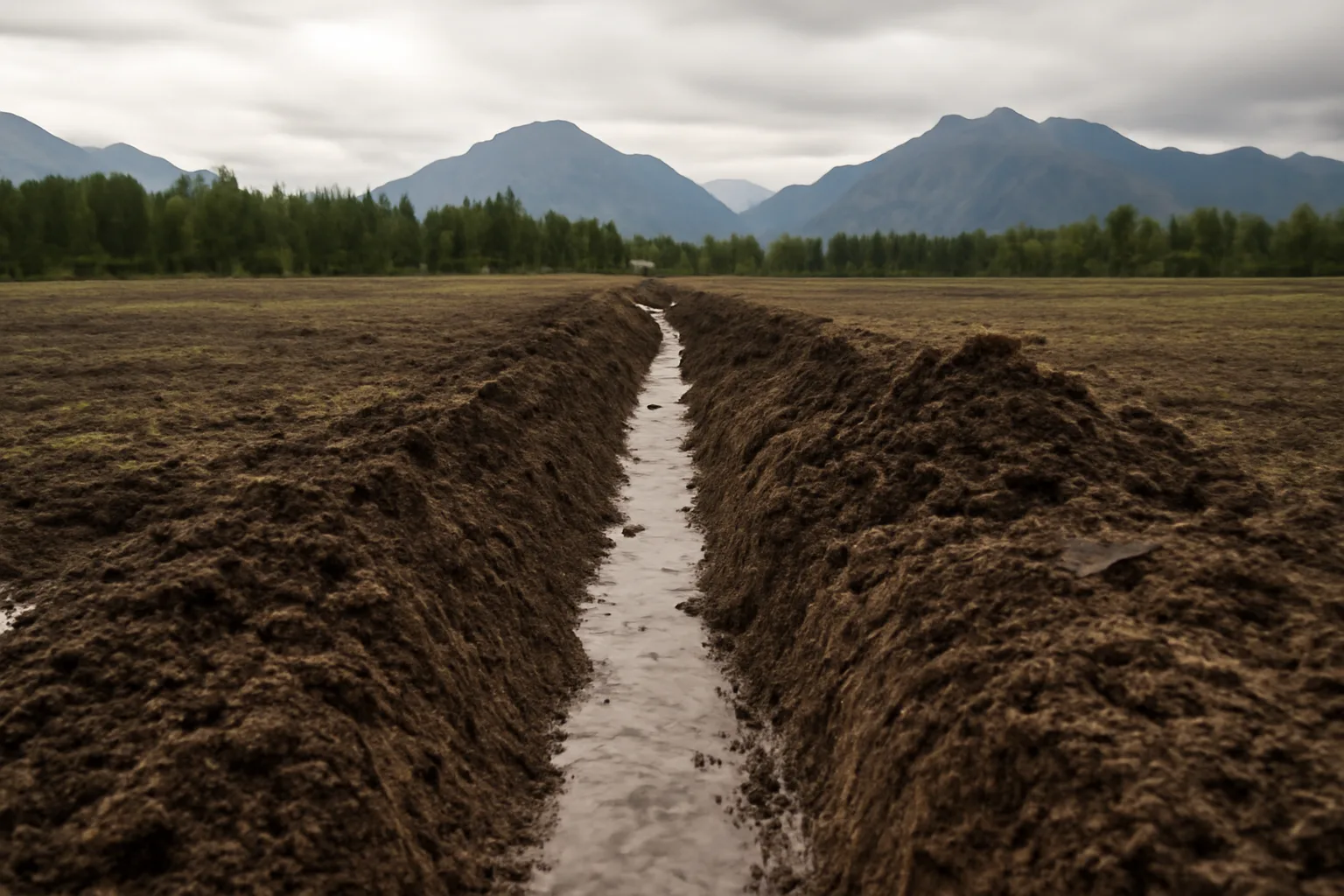 Open drainage trench across a flat Alaska agricultural field near mountains
