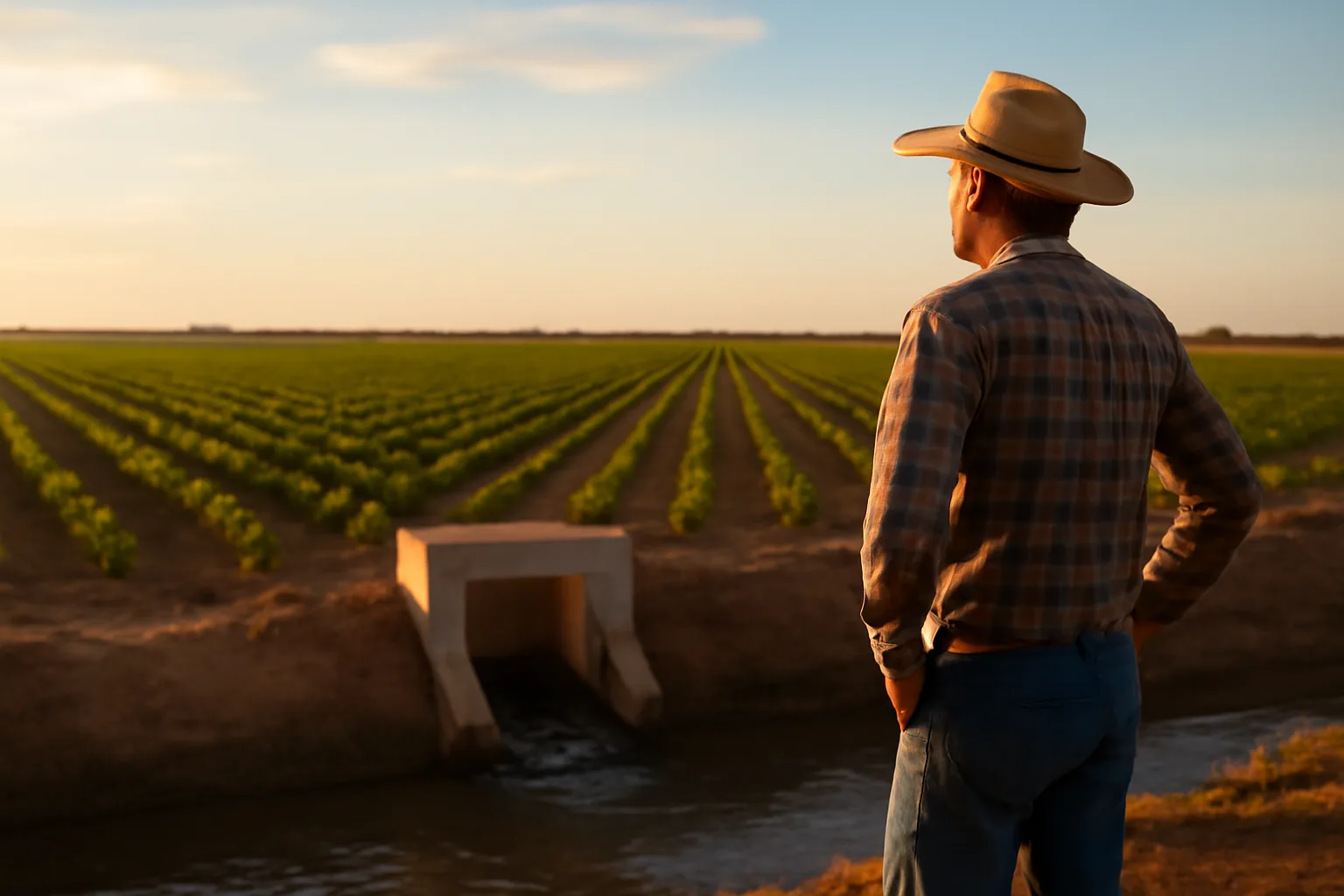 Farmer inspecting drainage tile outlet at edge of irrigated Arizona crop field