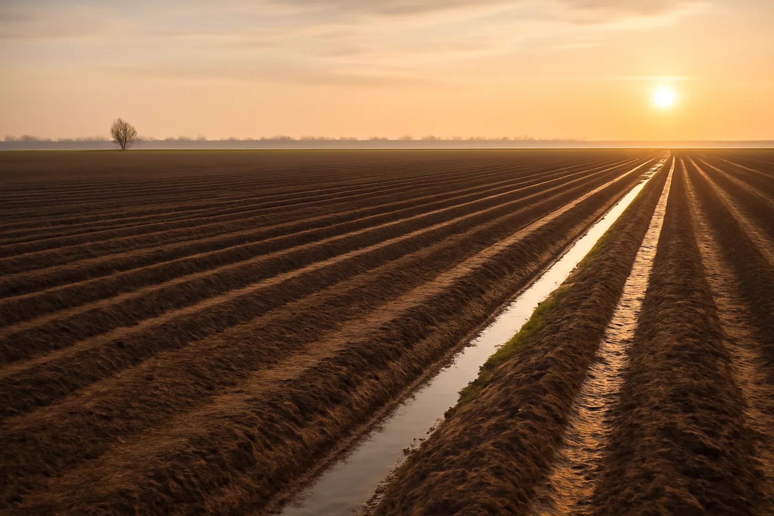 Flat Arkansas Delta farmland with drainage ditches running across dark soil at dawn