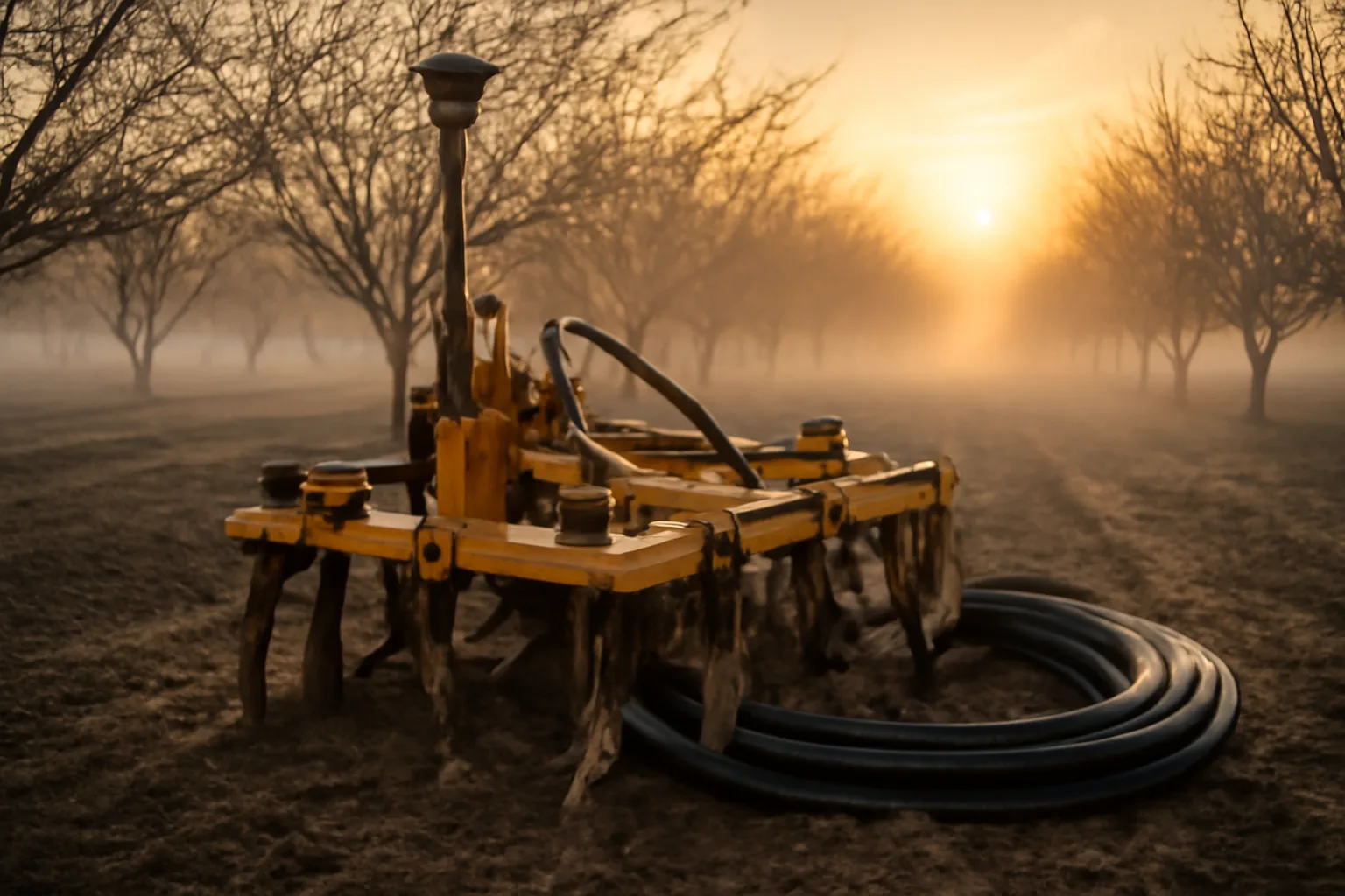 Drainage tile plow waiting in a California orchard at dawn