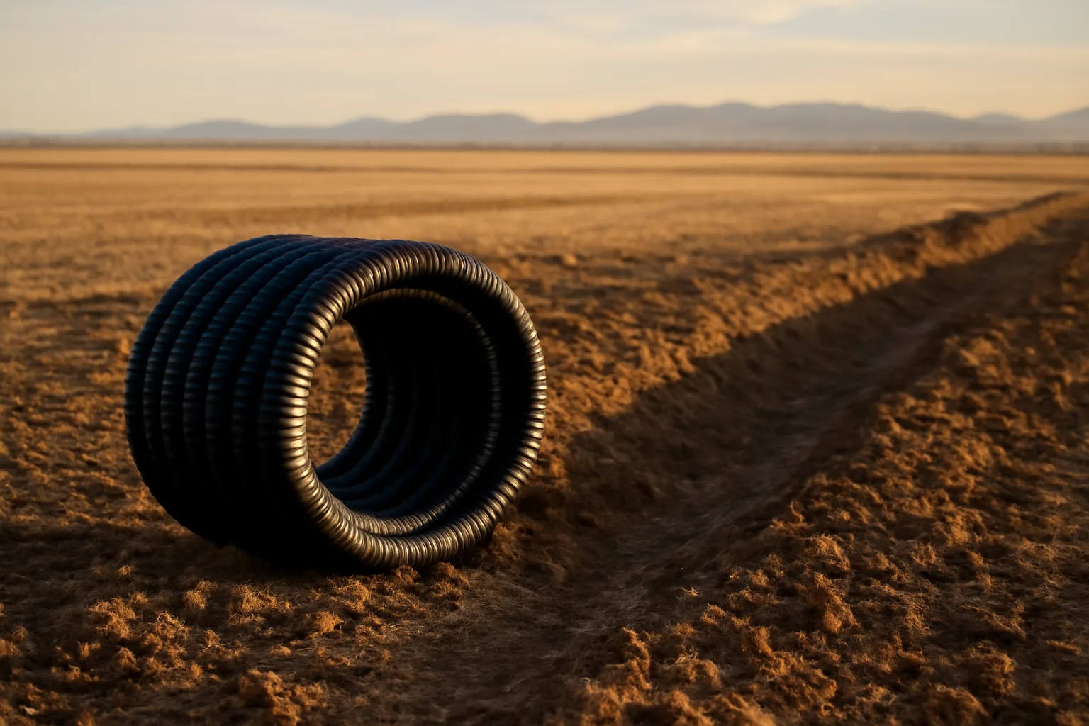 Corrugated drainage tile coil on bare eastern Colorado cropland
