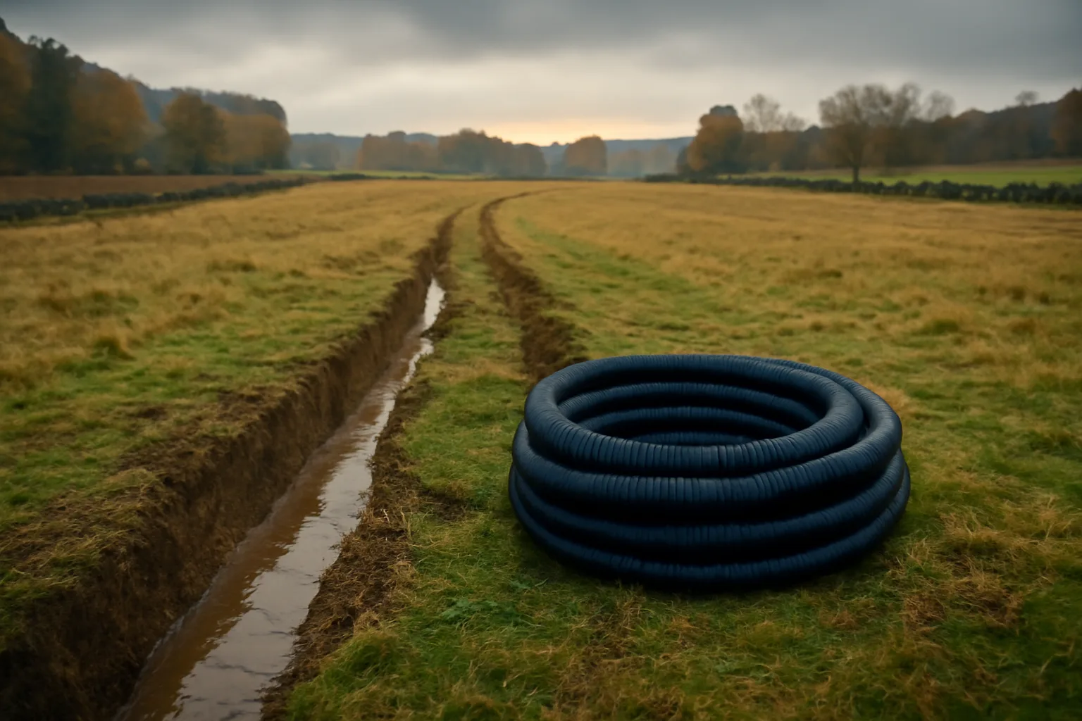 Corrugated drain pipe beside a trench in a wet Connecticut hayfield