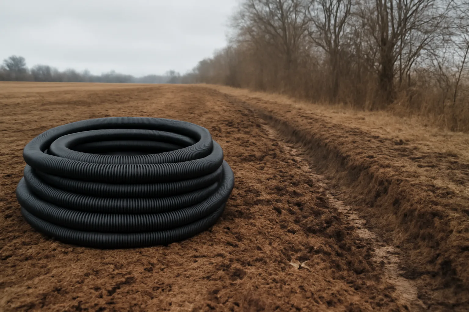 Corrugated drain tubing beside an open trench in a Delaware field