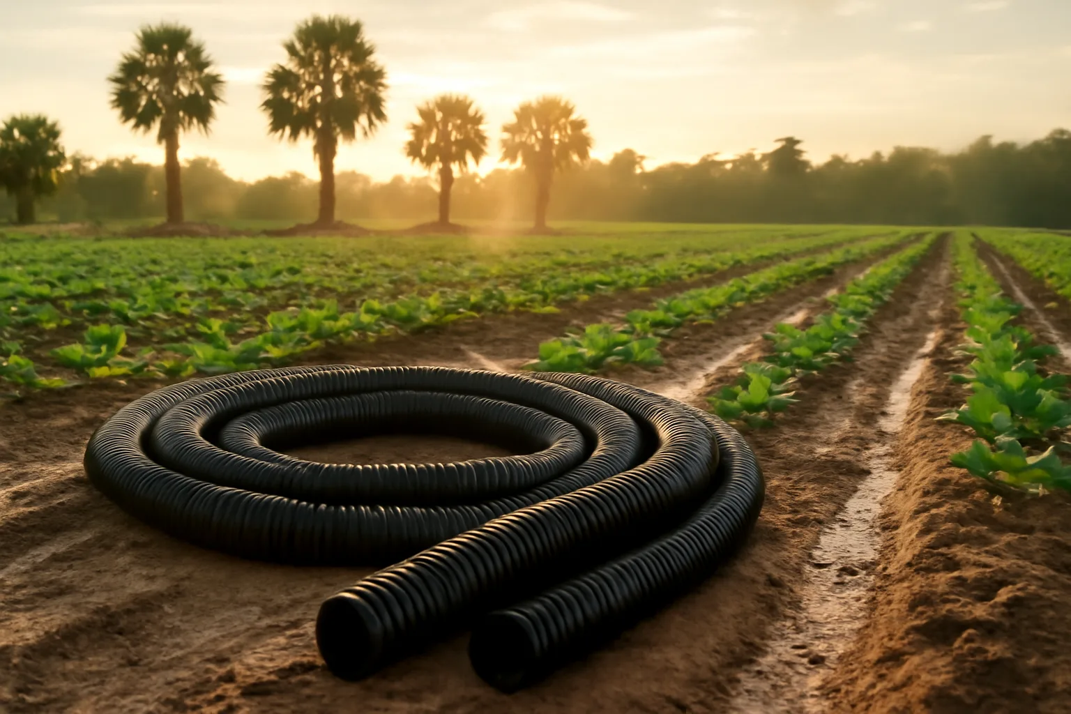 Corrugated drain tubing beside a trench in a Florida vegetable field