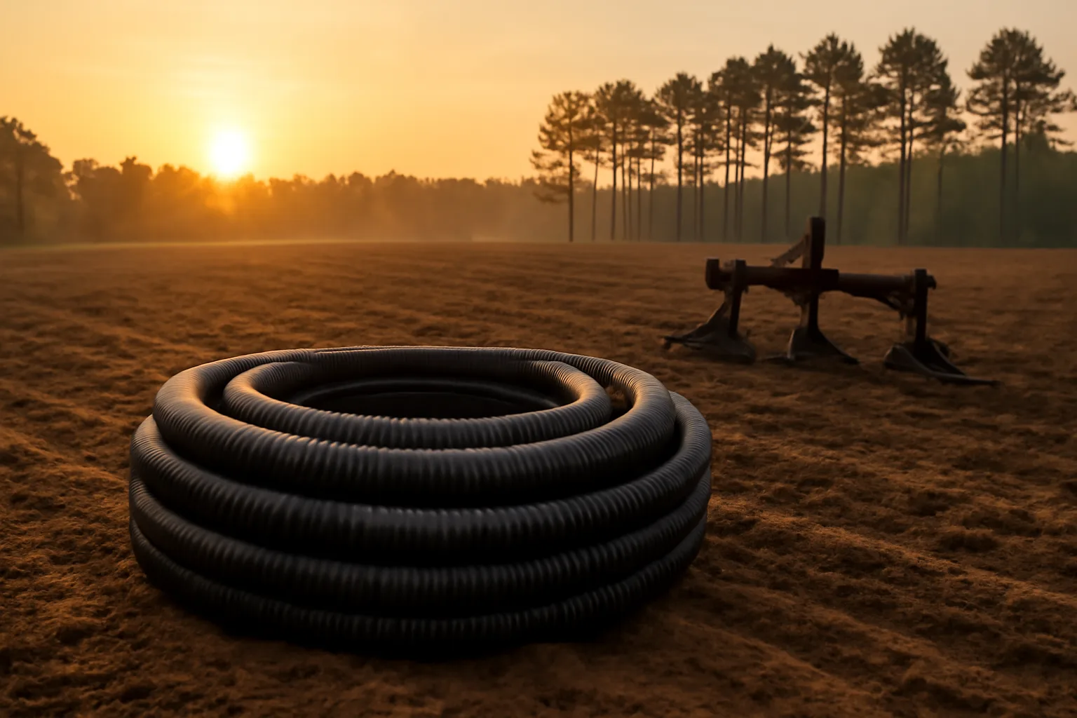 Black drain pipe coiled in a wet south Georgia field at sunrise