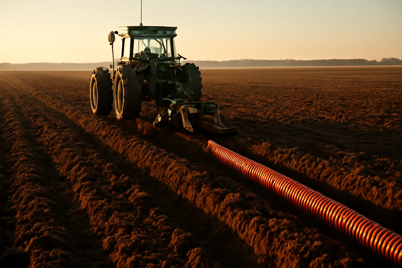 GPS tile plow installing drainage tile through dark clay soil on Alabama farmland