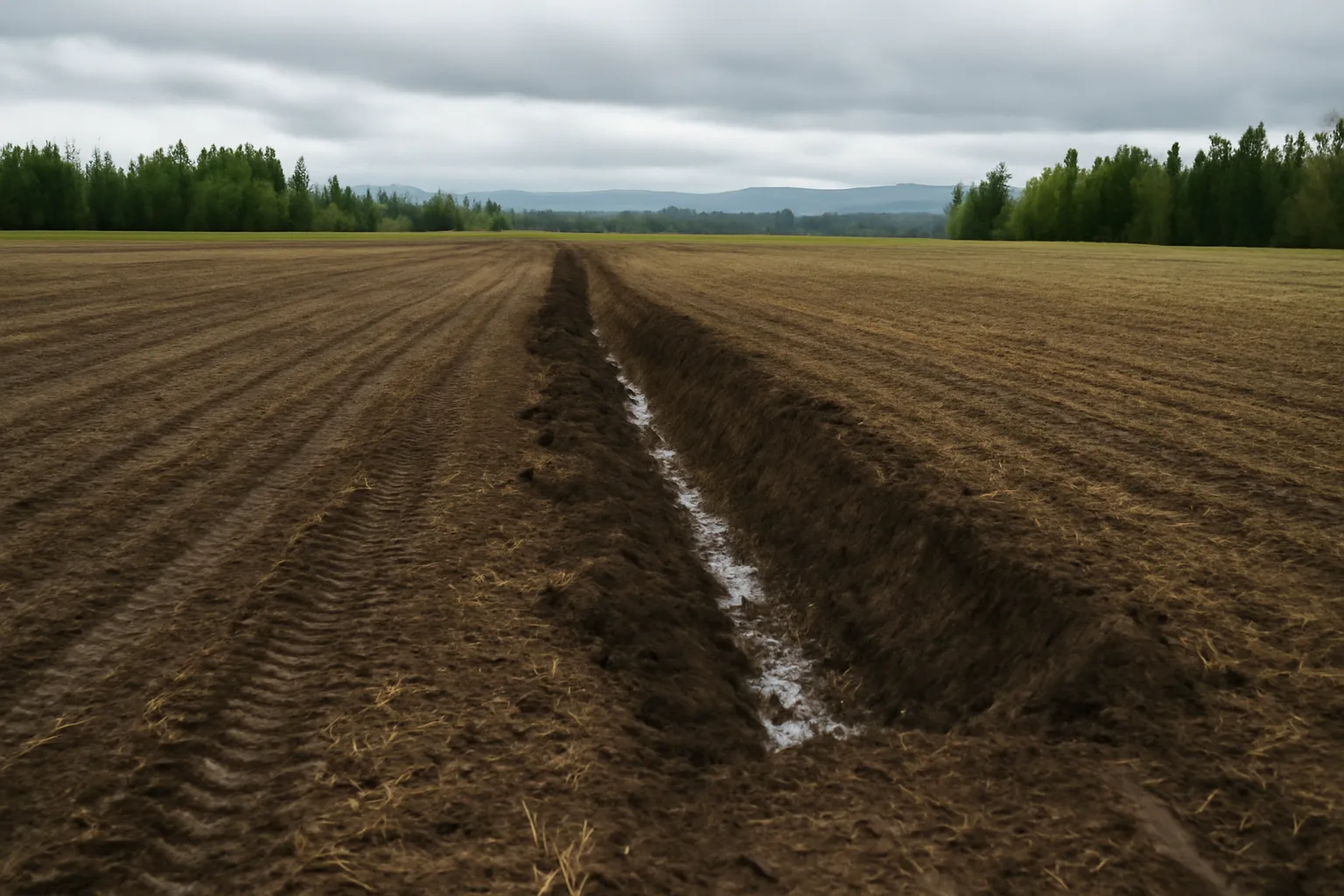 Open drainage trench cut across a wet agricultural field in Alaska