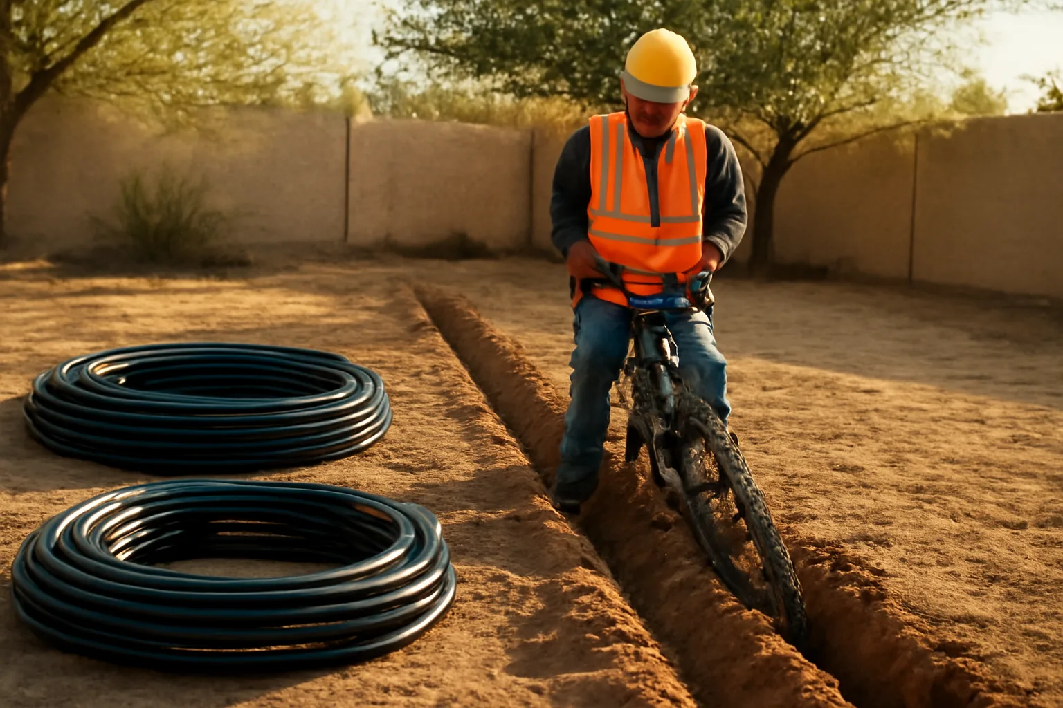 Contractor trenching through caliche desert soil for drainage tile installation in Arizona backyard