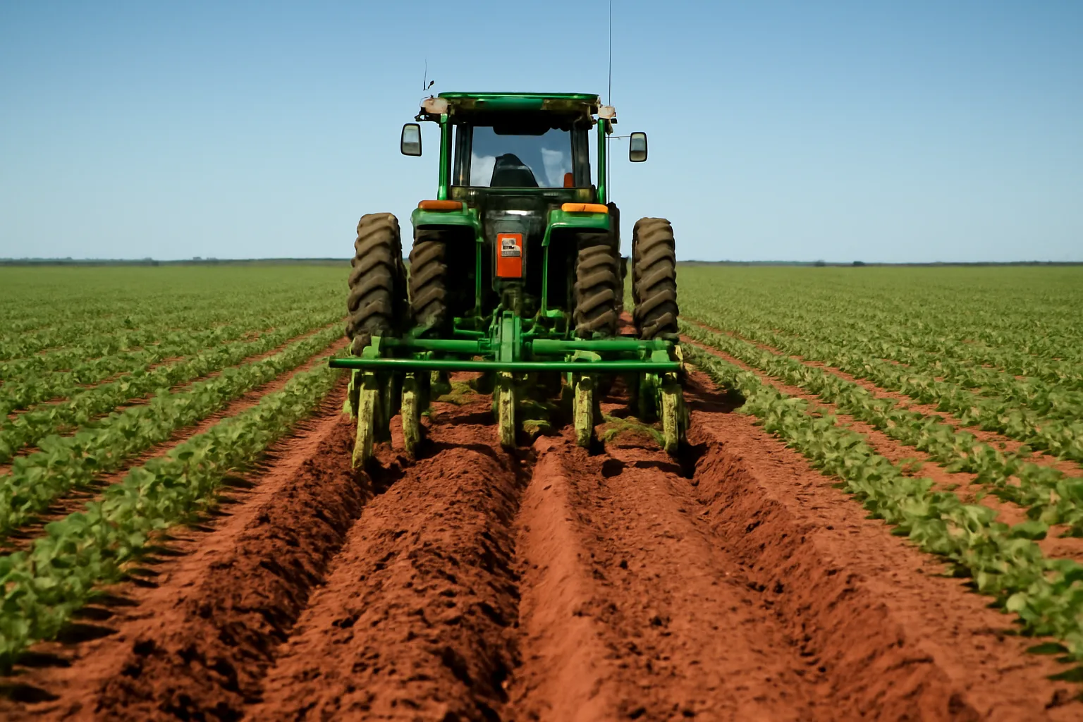 GPS tile plow installing subsurface drainage pipe in a flat Arkansas Delta field
