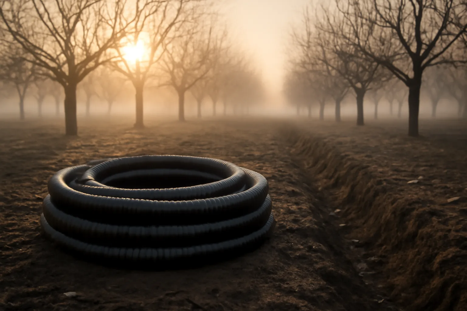 Corrugated drainage tile pipe on a damp California orchard floor