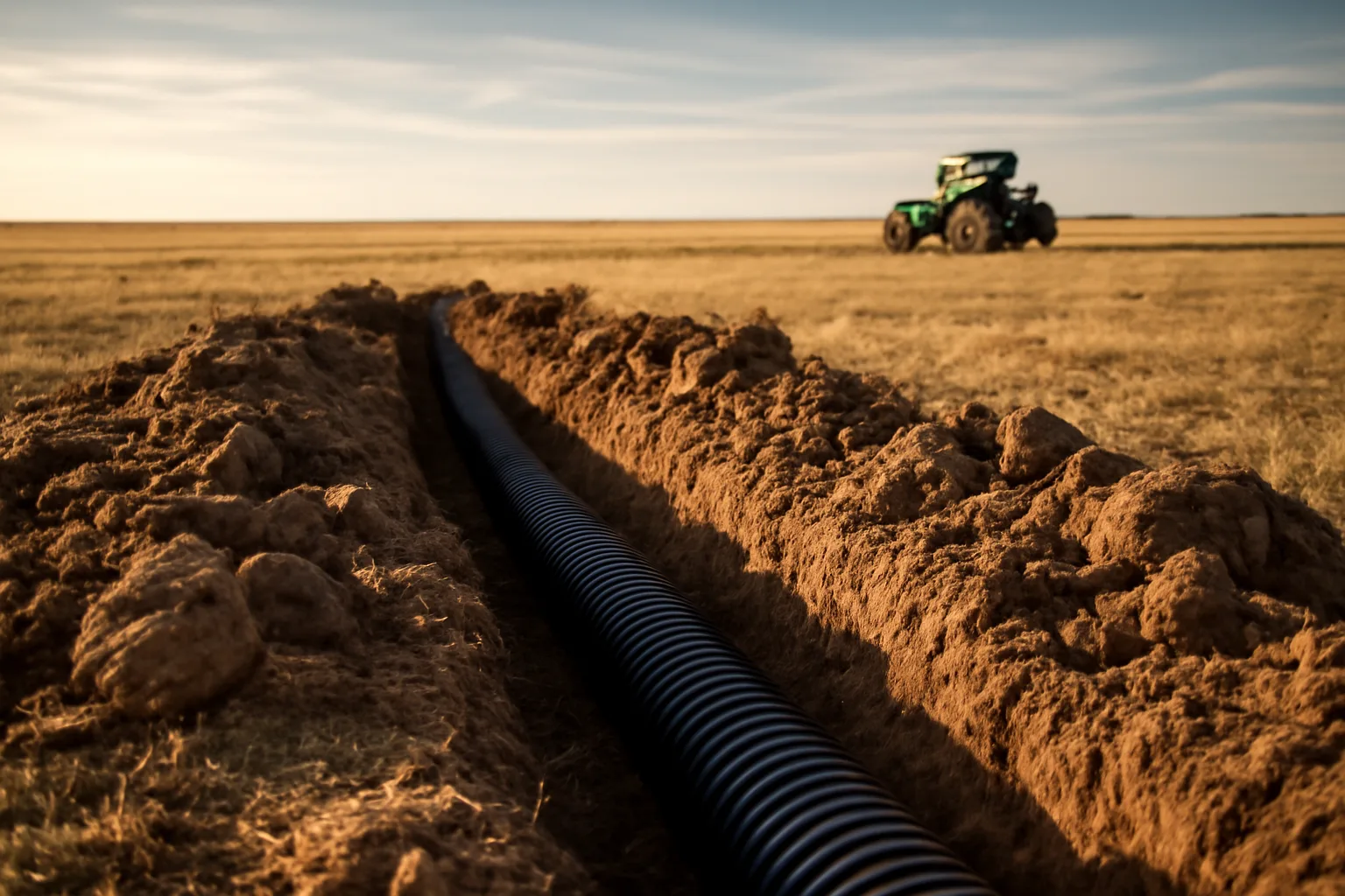 Corrugated drainage tile in a trench on Colorado plains