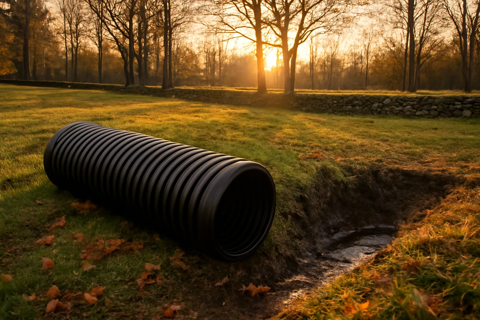 Corrugated drain pipe beside a wet Connecticut hay field