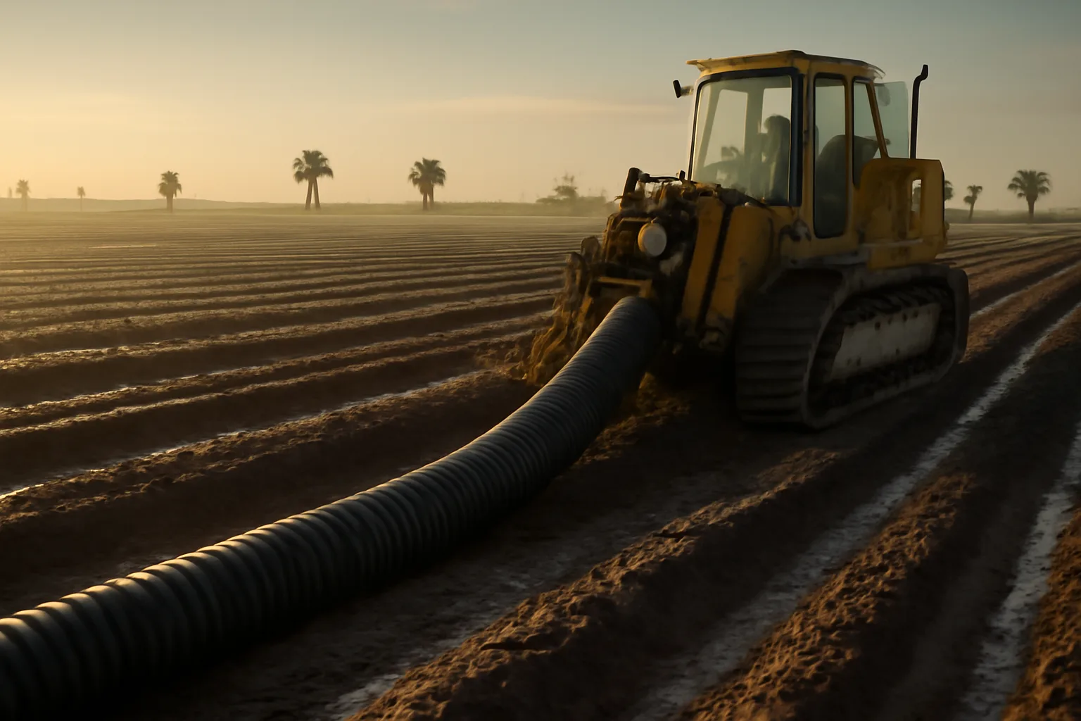 Trenching drainage tile into wet sandy Florida farmland at sunrise