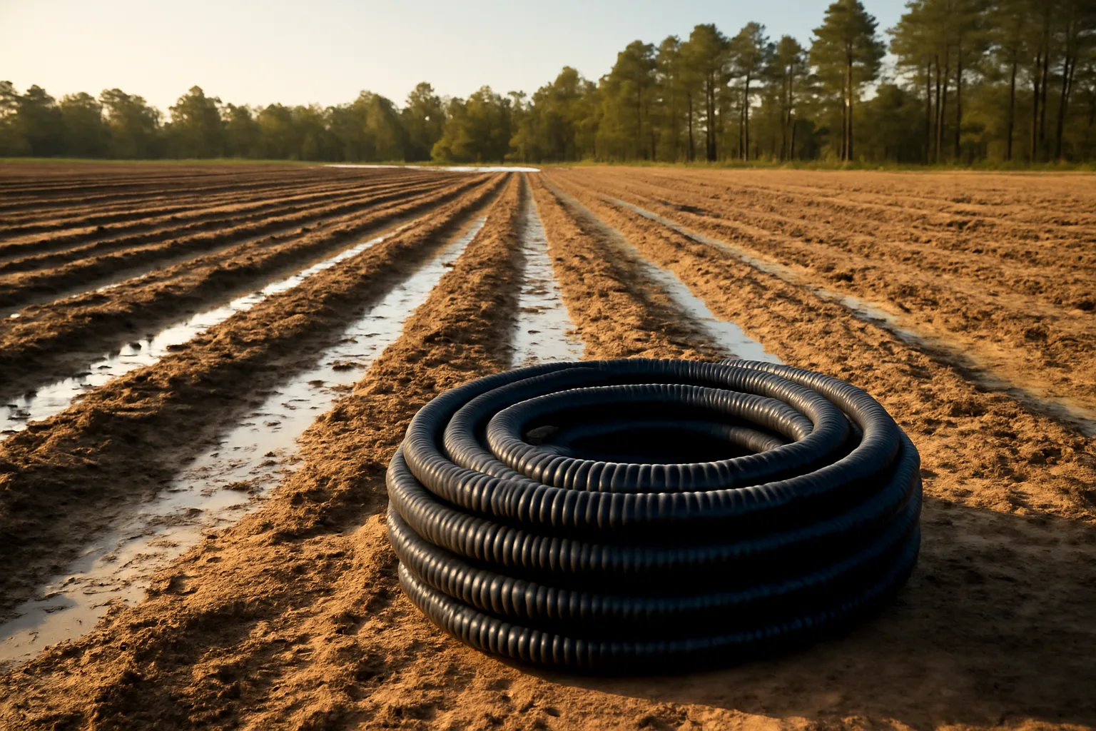 Corrugated drainage tile pipe beside a wet Georgia farm field