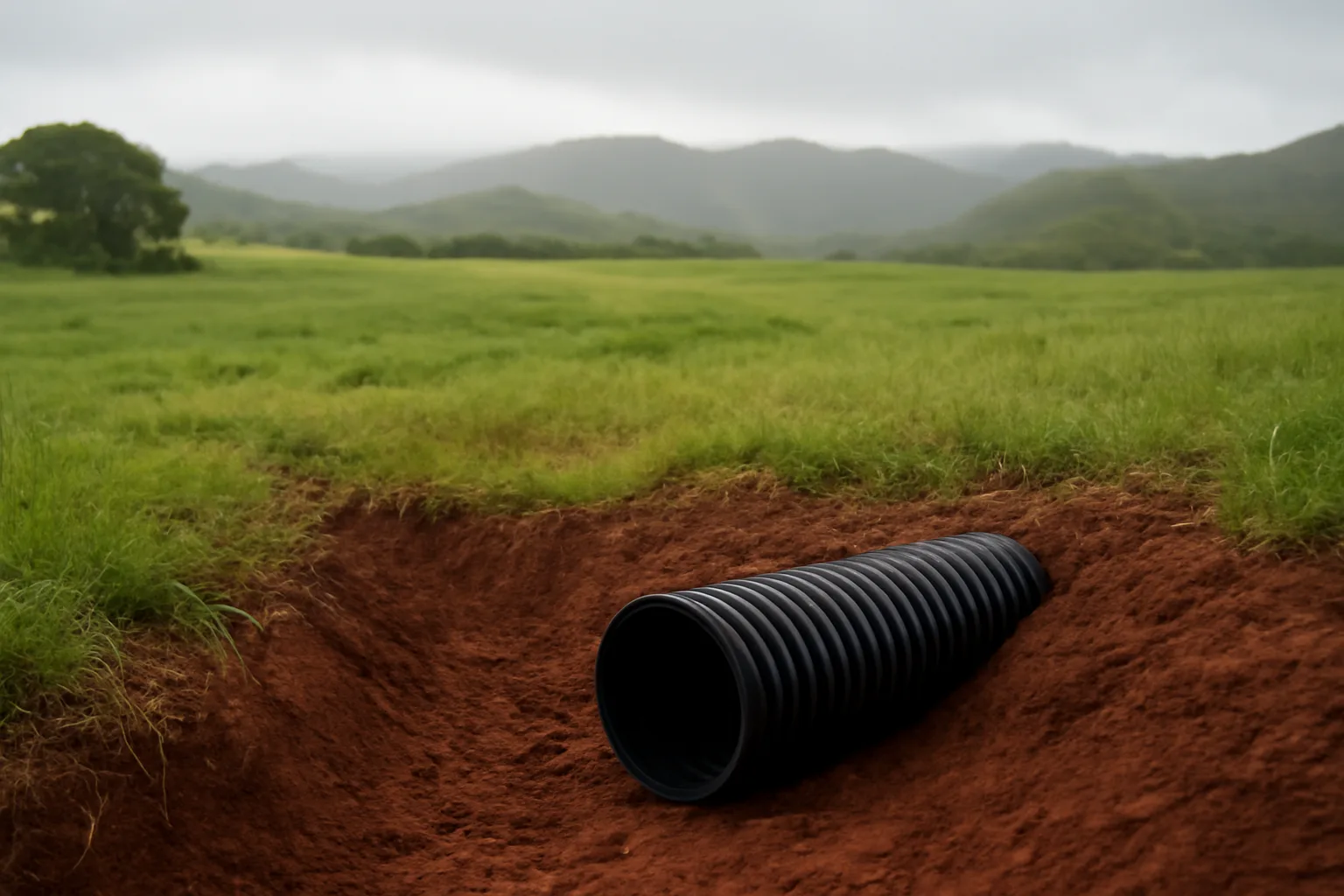 Corrugated drainage tile in a volcanic soil trench in Hawaii