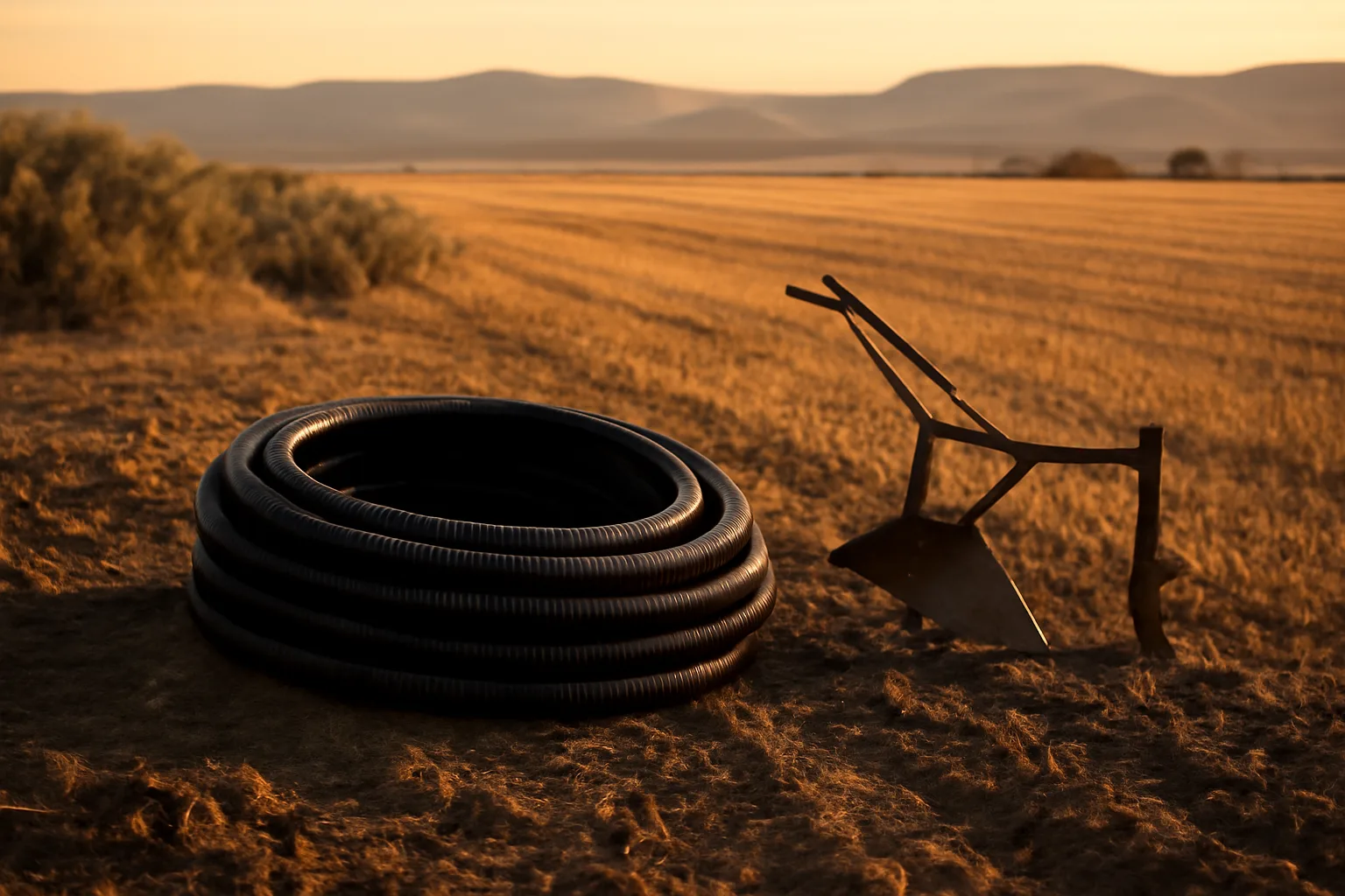 Black drainage tile coil beside a plow on Idaho farmland