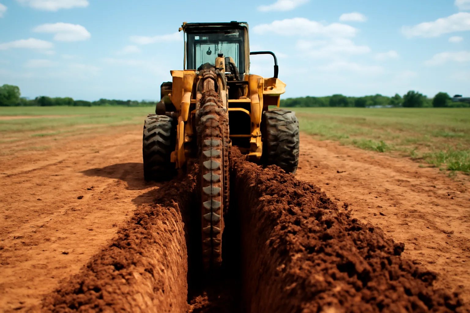 Drainage tile trencher cutting through red clay soil on an Alabama farm field
