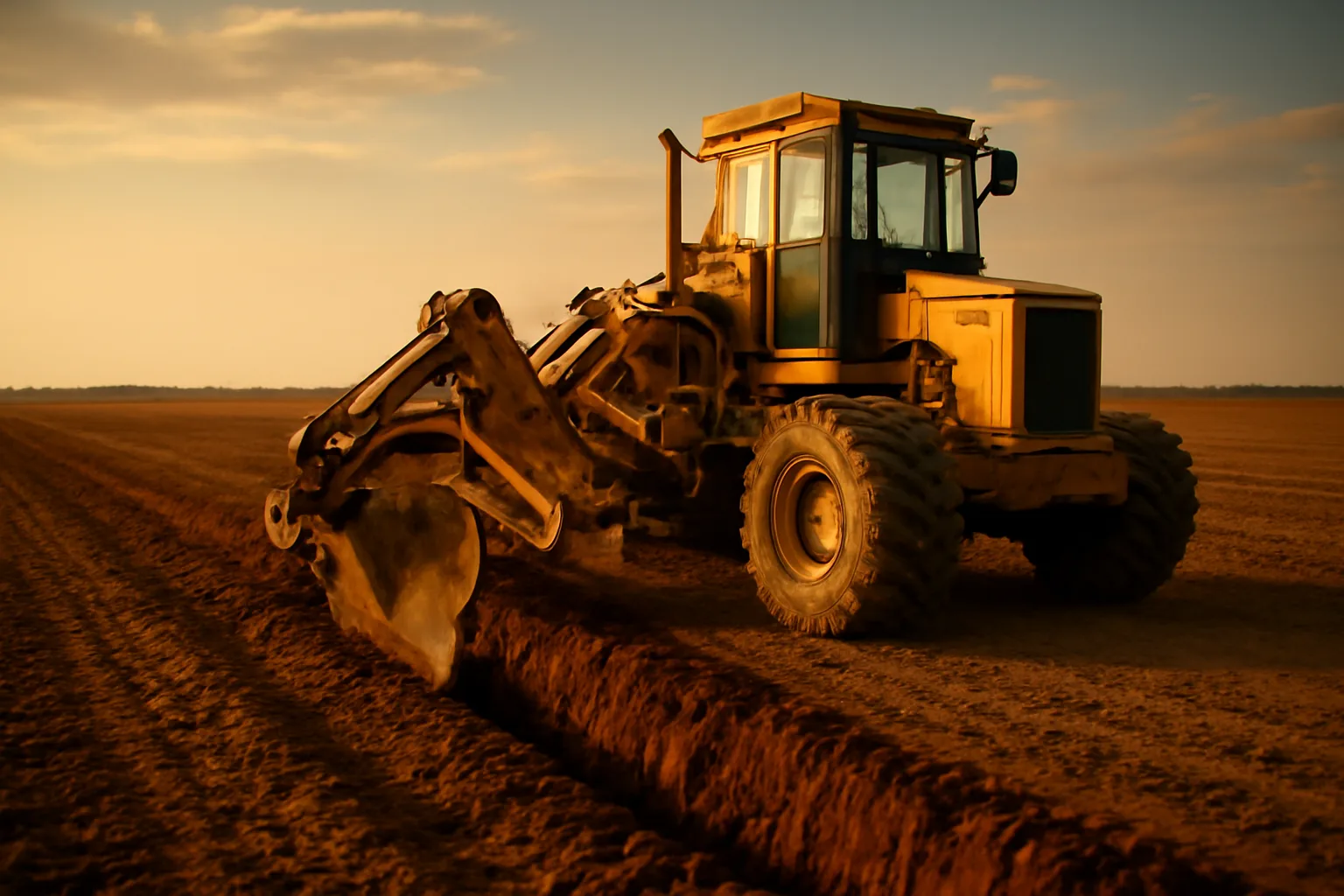 Tile plow installing drainage pipe through flat Arkansas Delta farmland at dusk