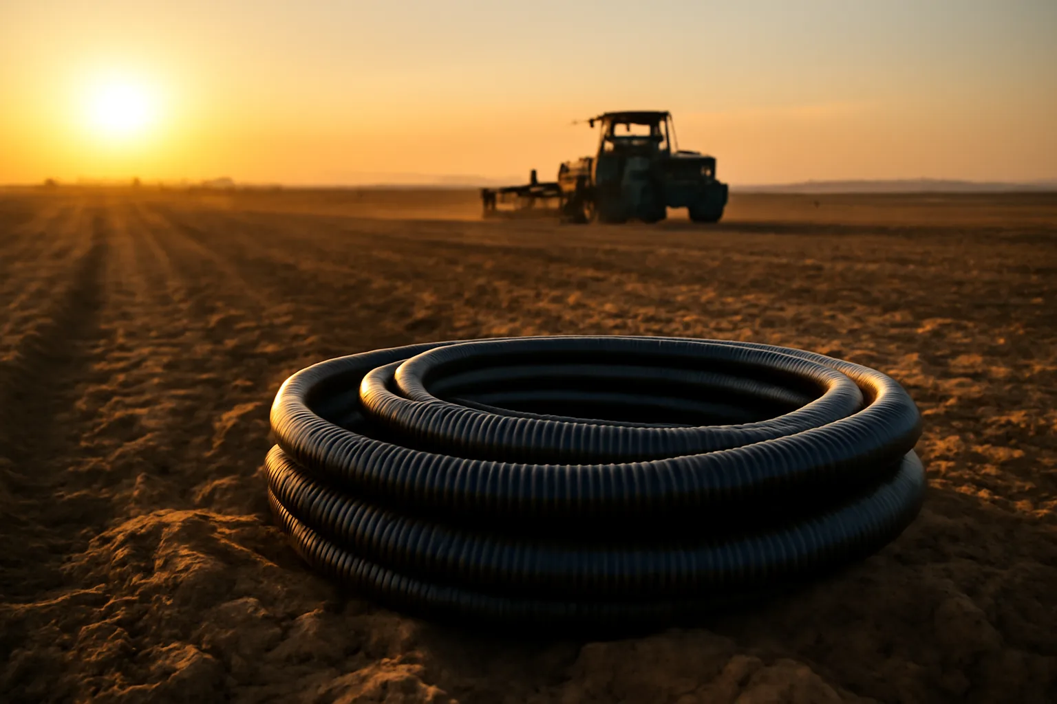 Corrugated drainage tile pipe beside a plow in a California field