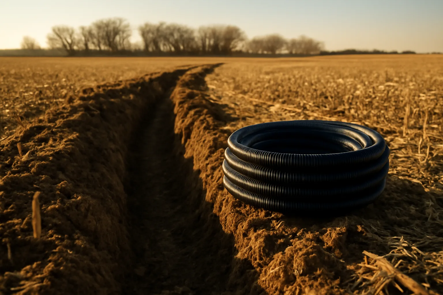 Black drain coil beside an open trench in a Colorado field