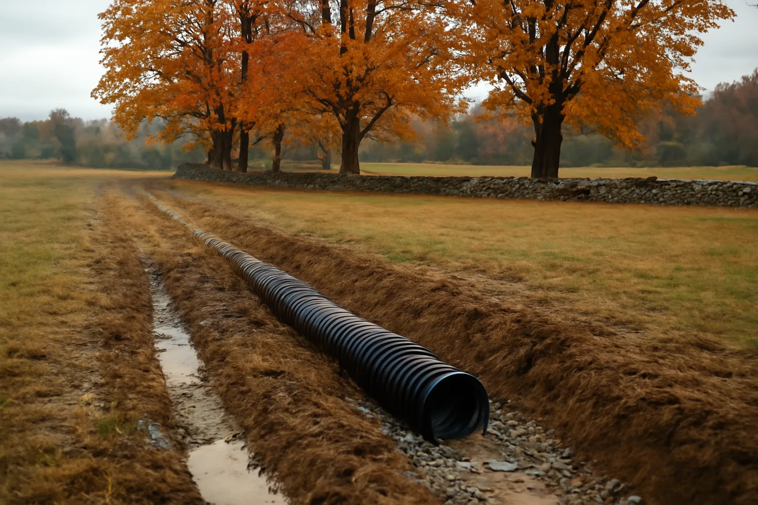 Corrugated drainage tile pipe in a wet Connecticut hayfield trench