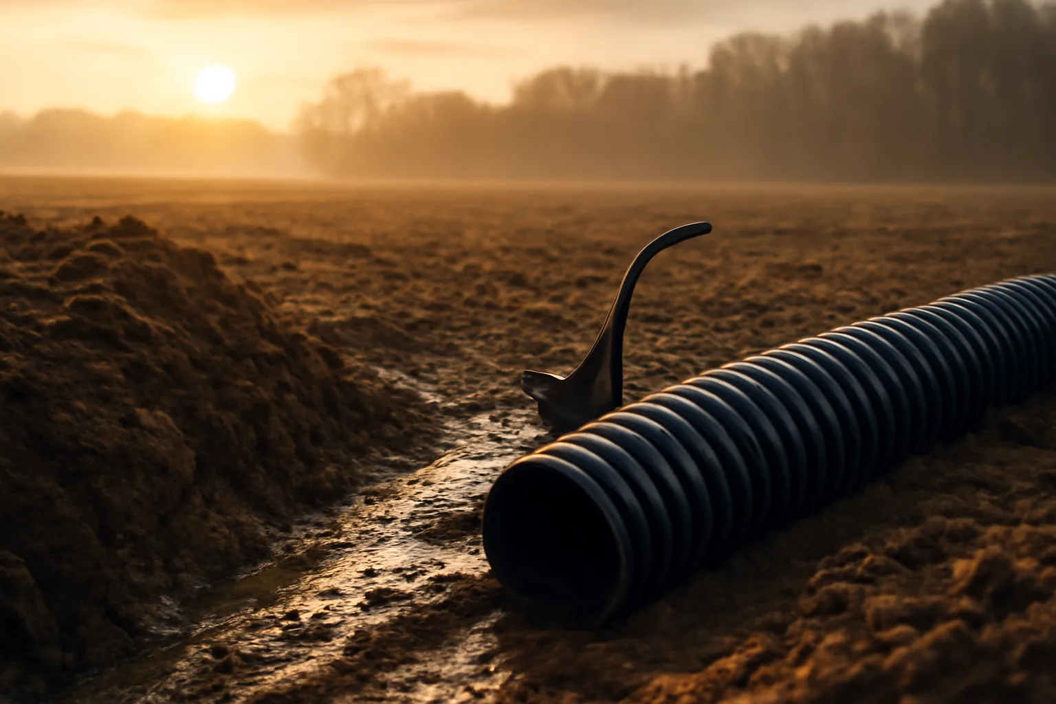 Drain tile pipe and trench in a wet Delaware farm field