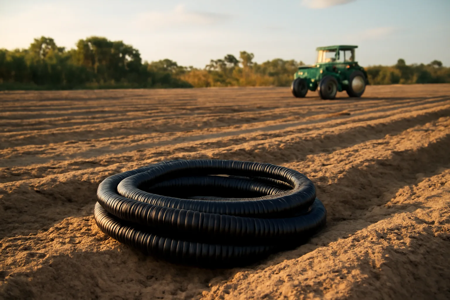 Corrugated drain pipe beside a trench in a Florida farm field