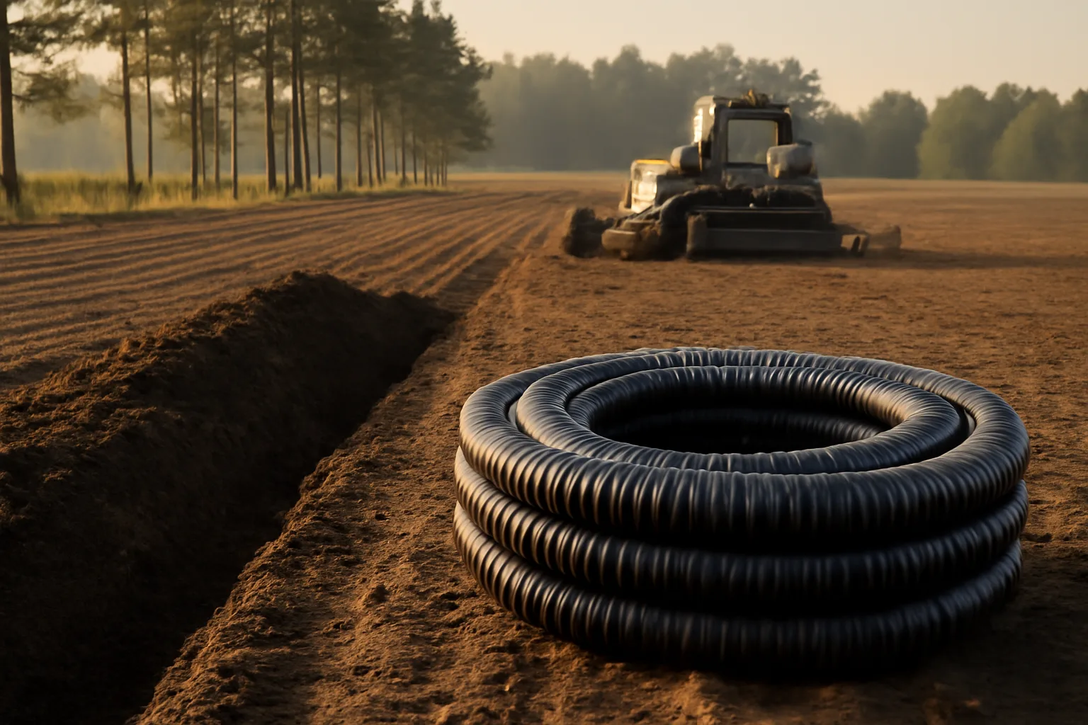 Open Georgia field with drain pipe during drainage tile installation