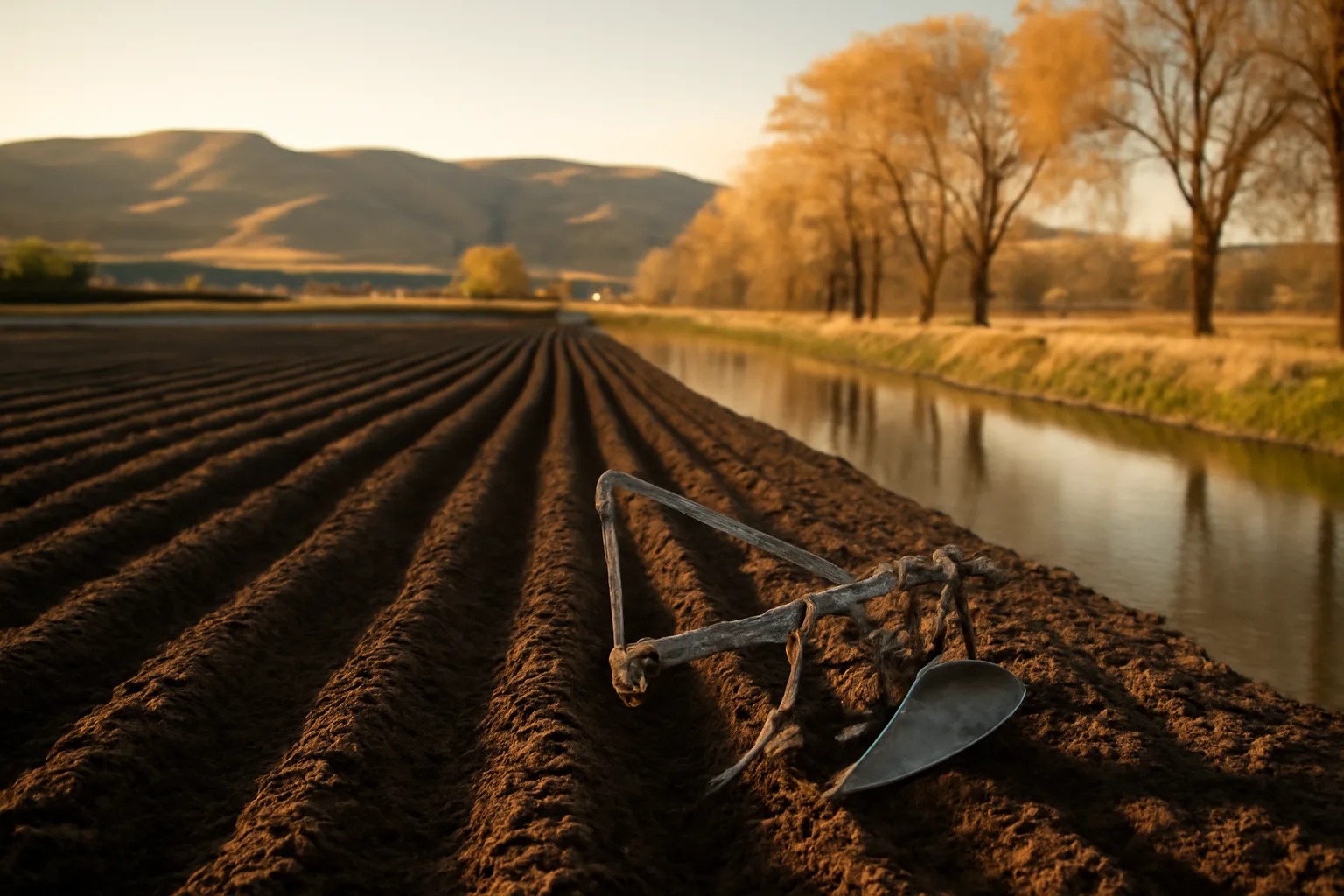 Tile plow on dark Idaho drainage tile field beside a canal