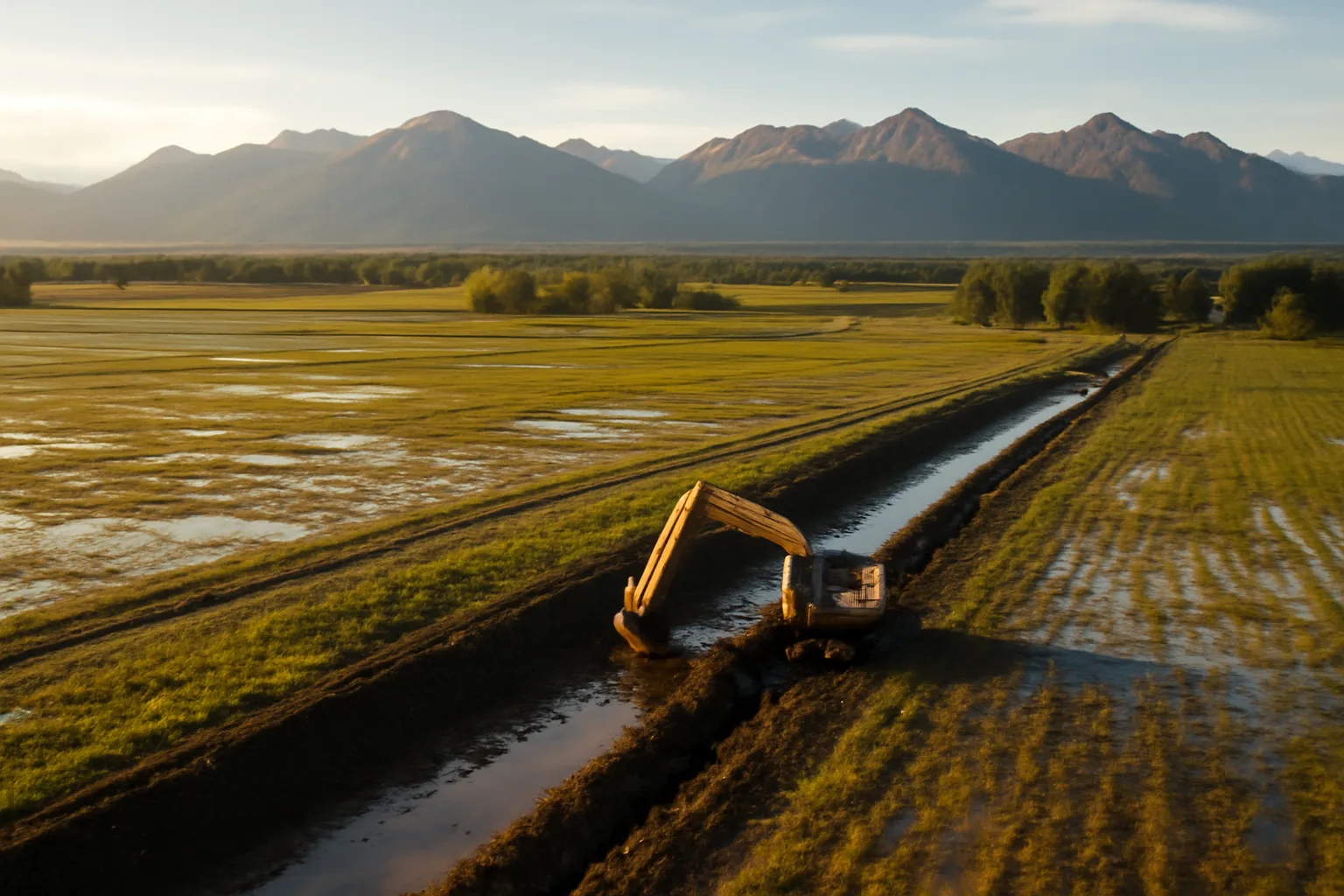 Excavator digging a drainage tile trench in an Alaska agricultural field at dawn