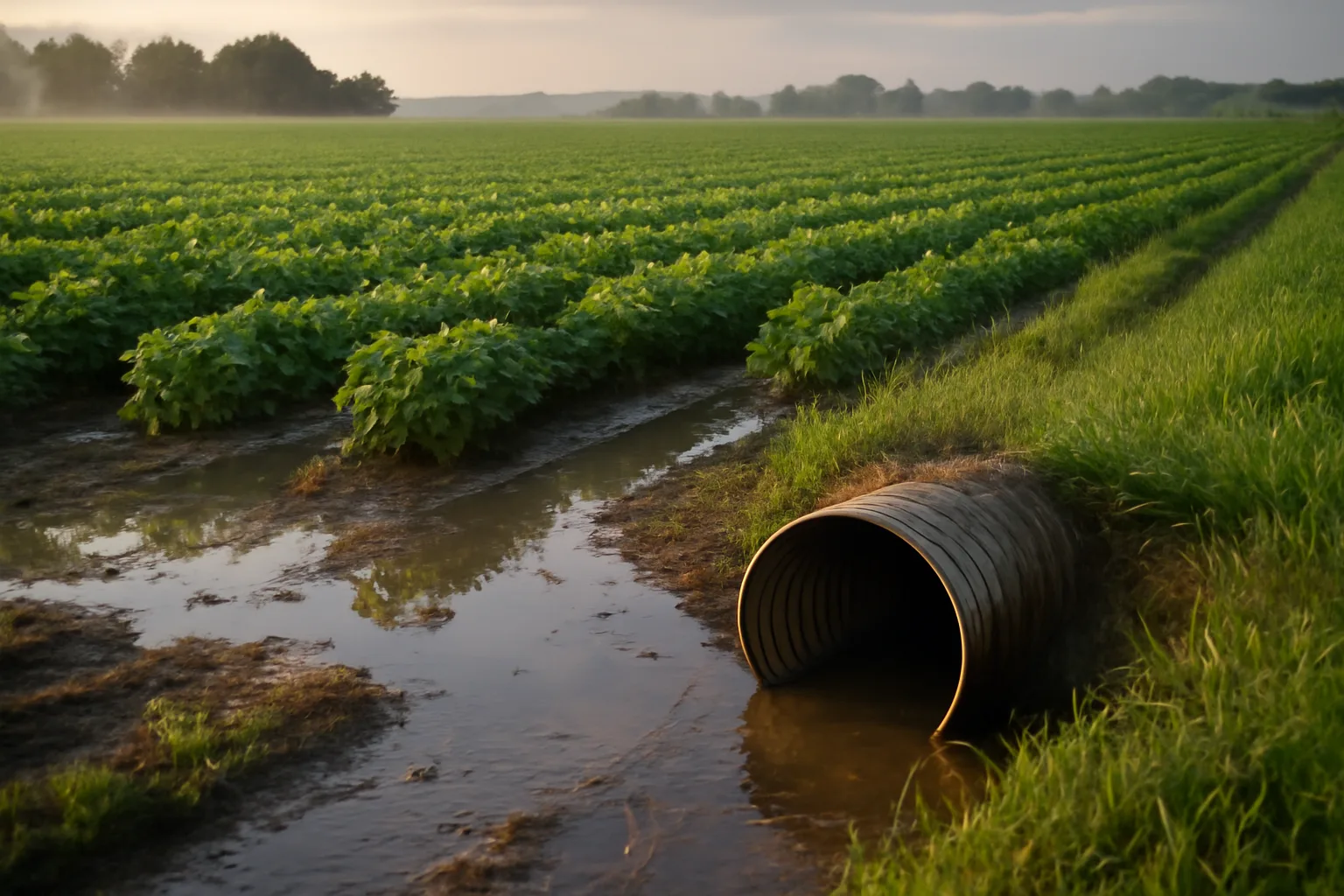 Wet Arkansas Delta field with a clay tile outlet in grass