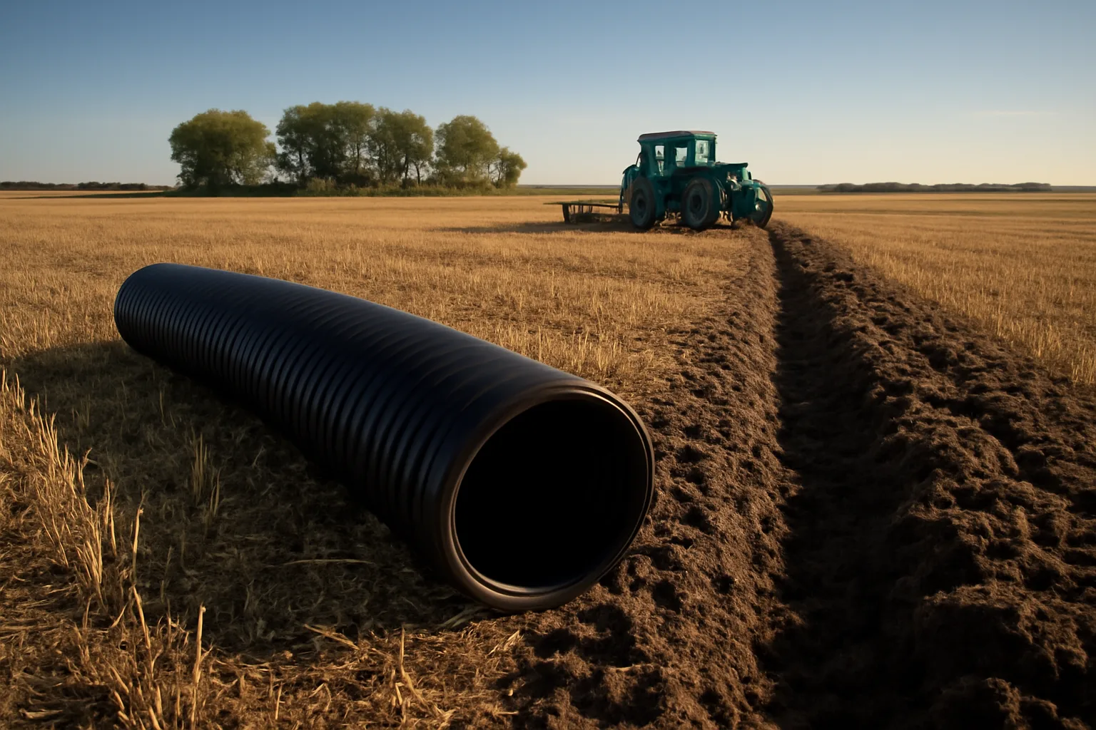 Corrugated drainage tile beside a fresh trench on Colorado plains