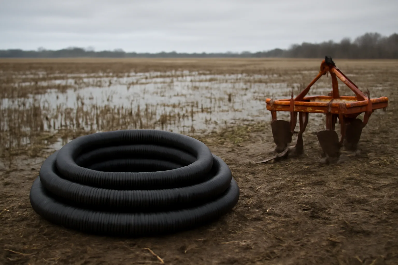 Coiled drainage tile and plow in a wet Delaware field