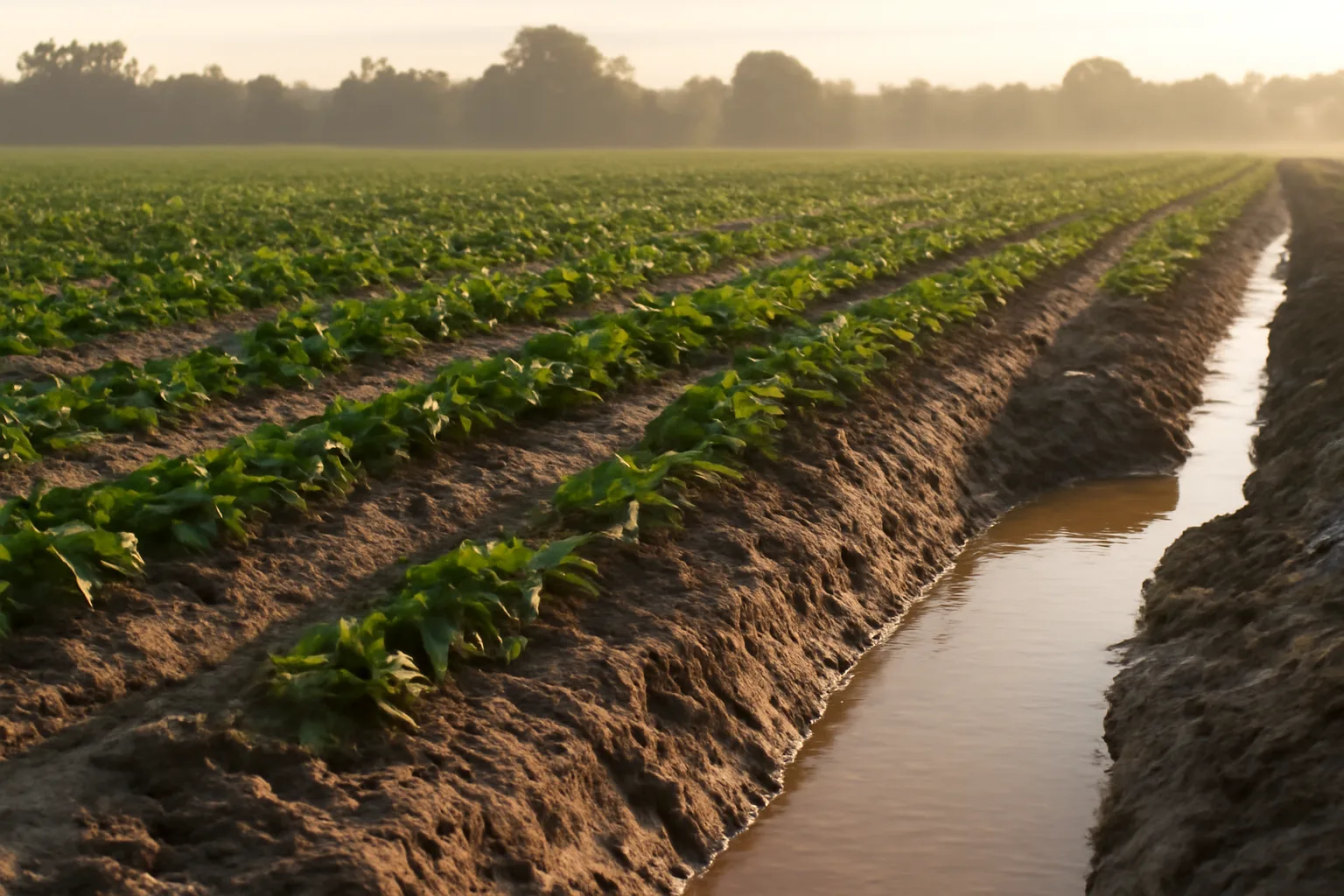 Wet Florida farm field with an open drainage trench at sunrise