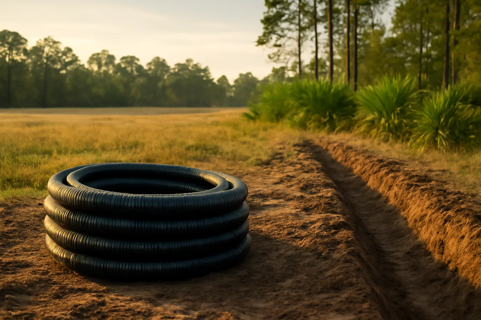 Coiled drain pipe on sandy Georgia soil beside an open trench