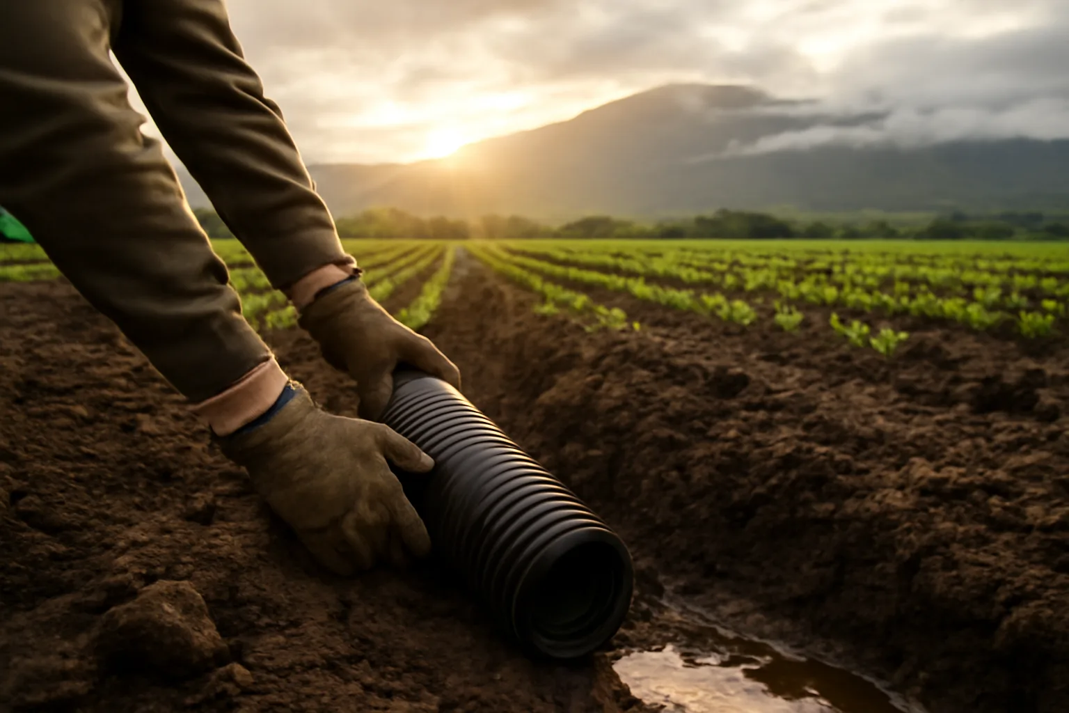 Black drain pipe in a wet volcanic soil trench on a Hawaii farm