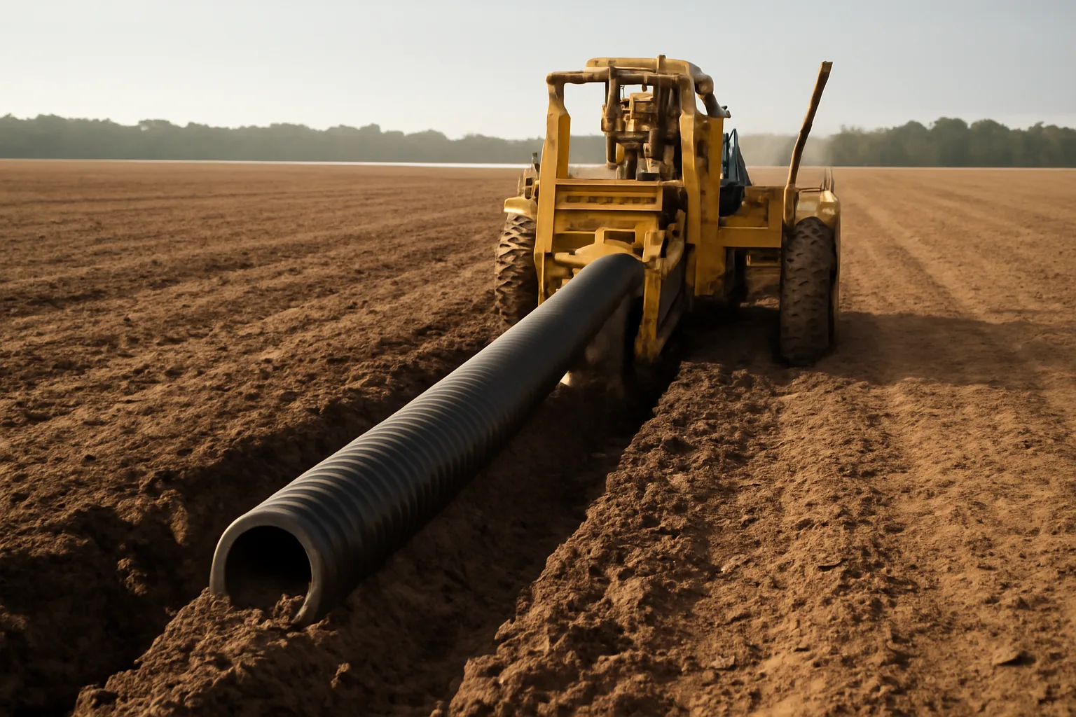 Tile plow installing subsurface drainage on an Alabama agricultural field