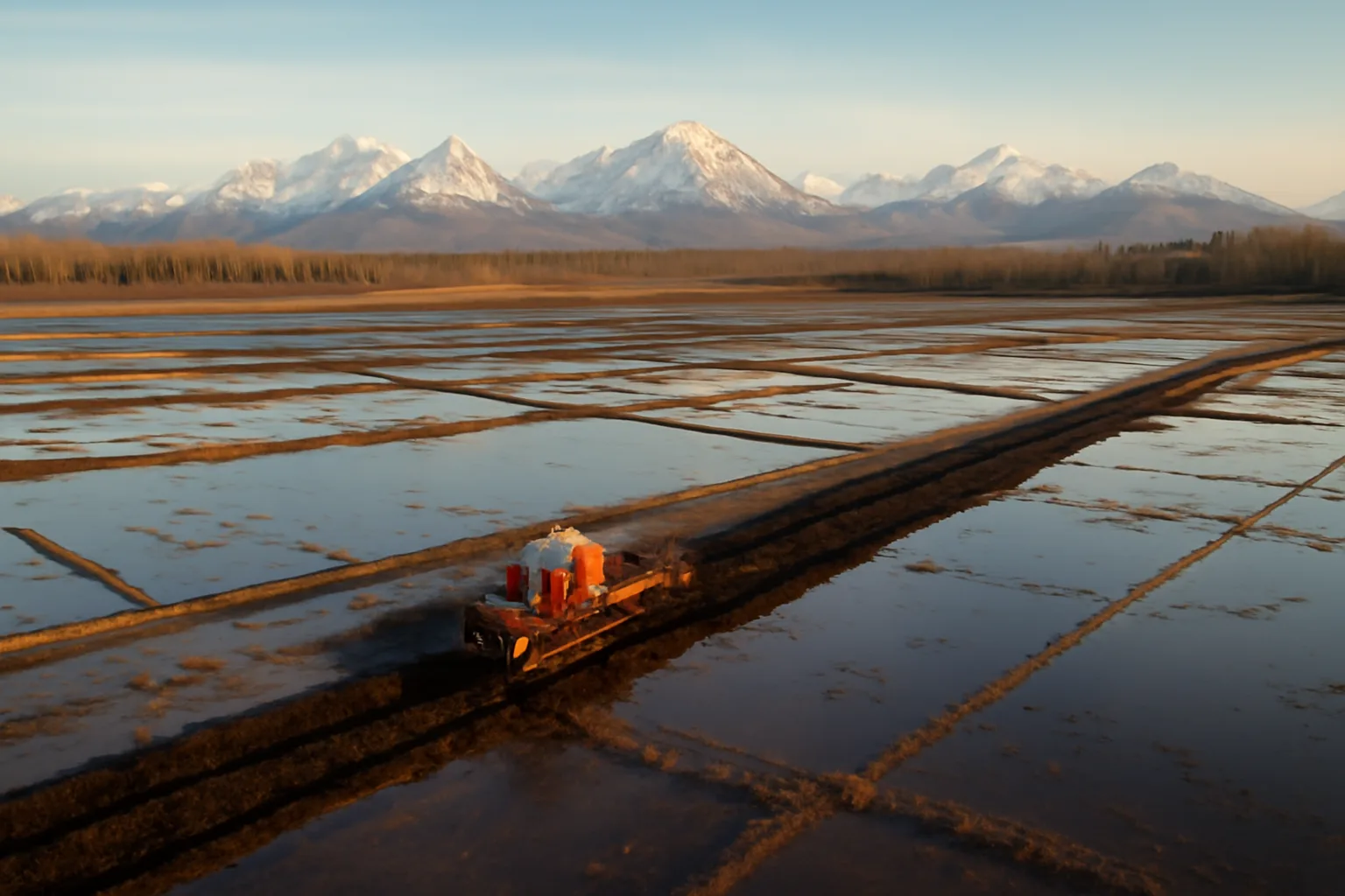 Trencher cutting drainage tile trench through wet Alaskan farmland at sunset