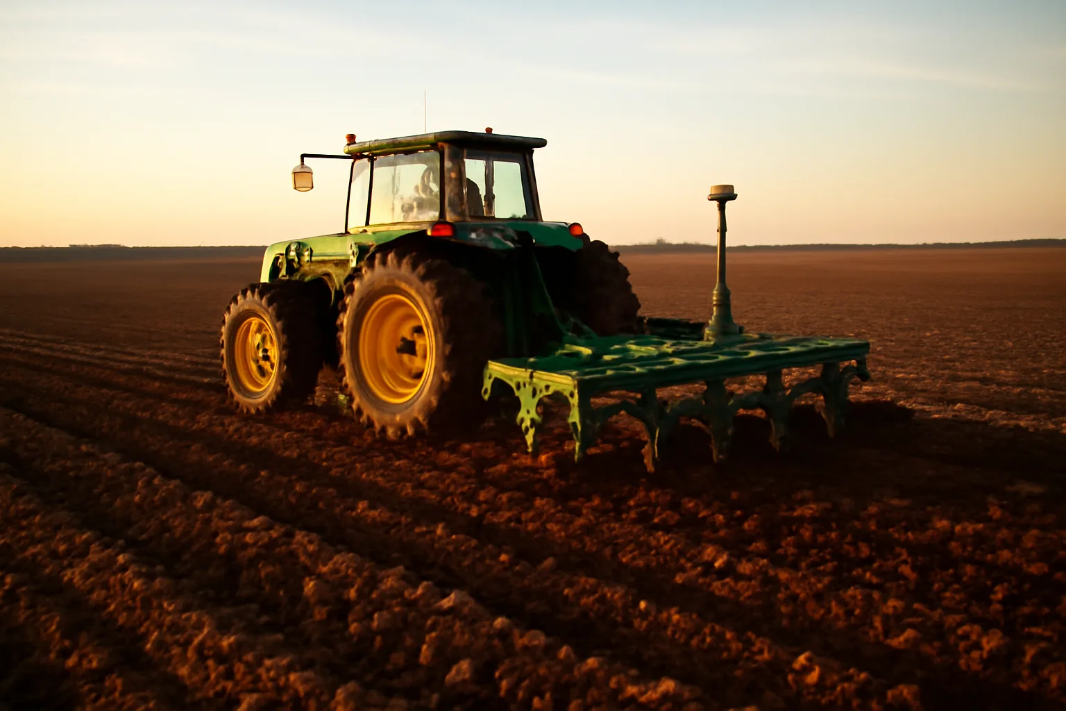 GPS tile plow cutting through Arkansas Delta clay field at golden hour