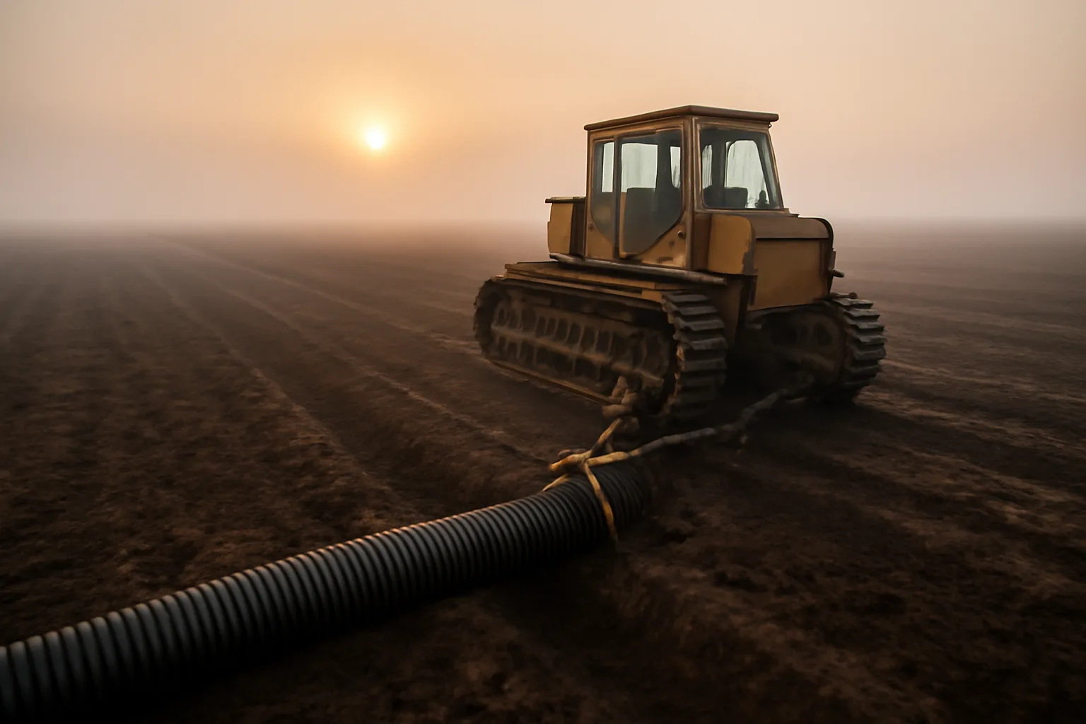 Tile plow installing drainage pipe in a wet California field