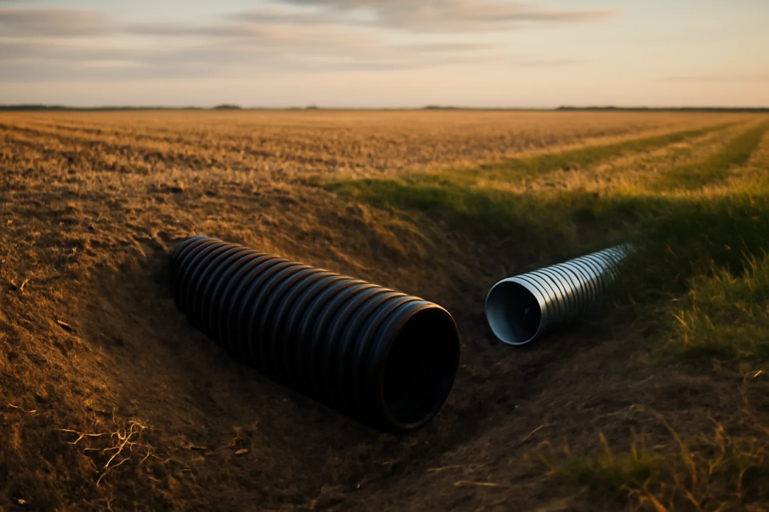 Black drainage tile pipe in a cut on a Colorado farm field