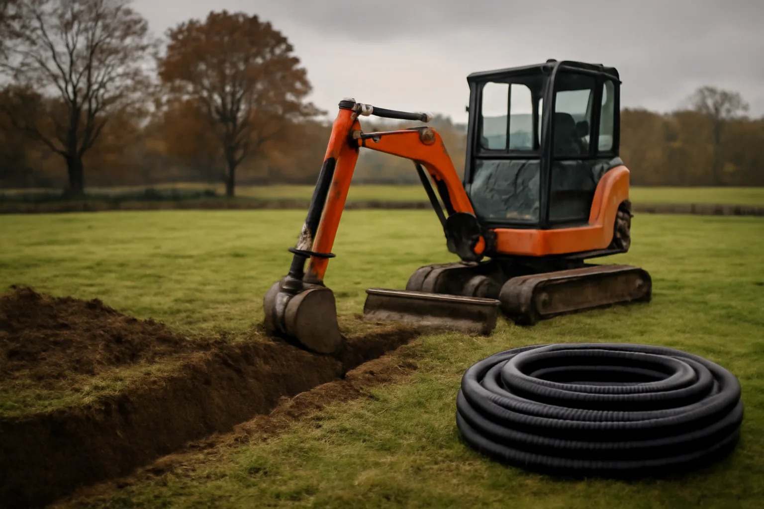 Excavator beside a drainage trench in a wet Connecticut field