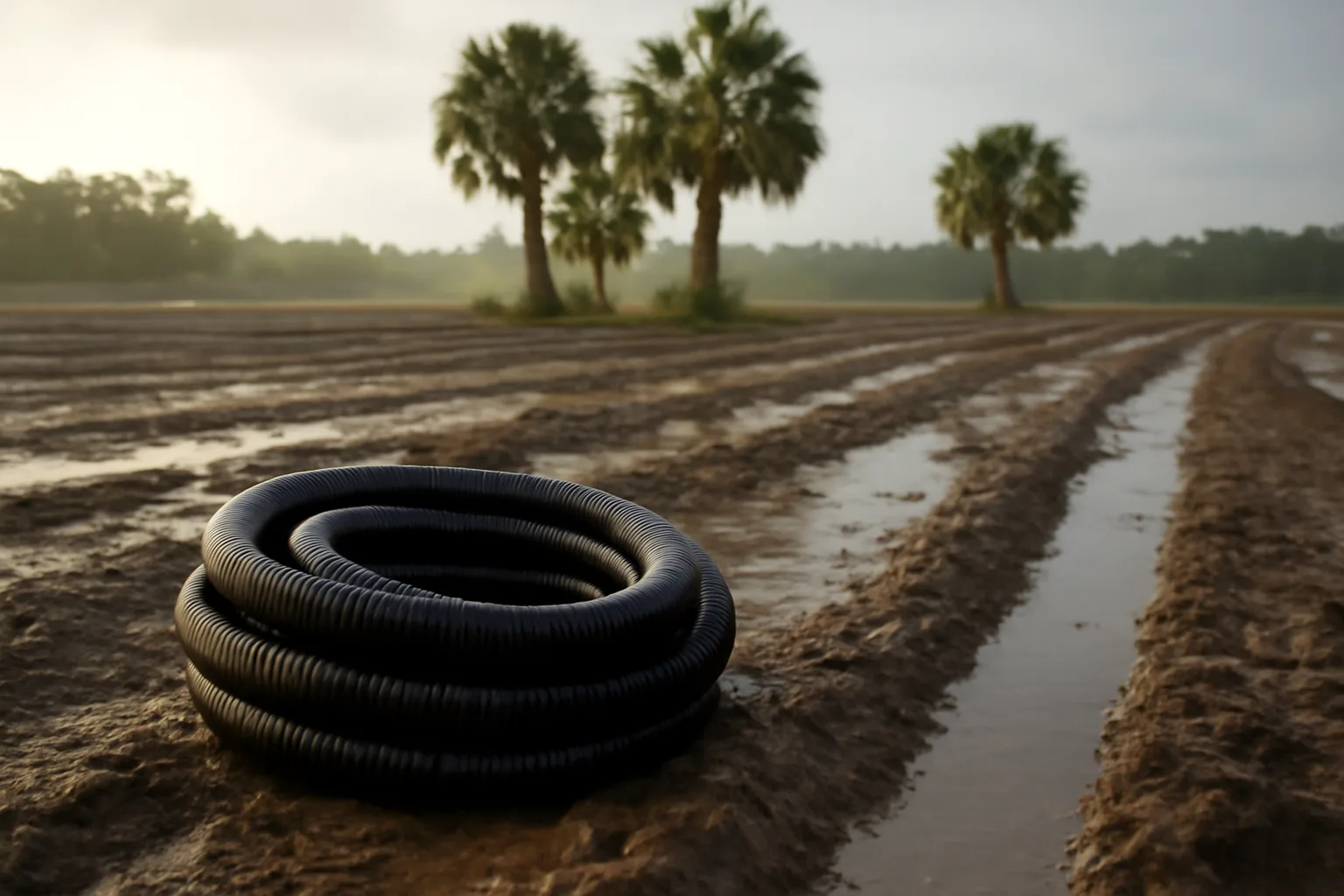 Black drain pipe beside a trench in a wet Florida field
