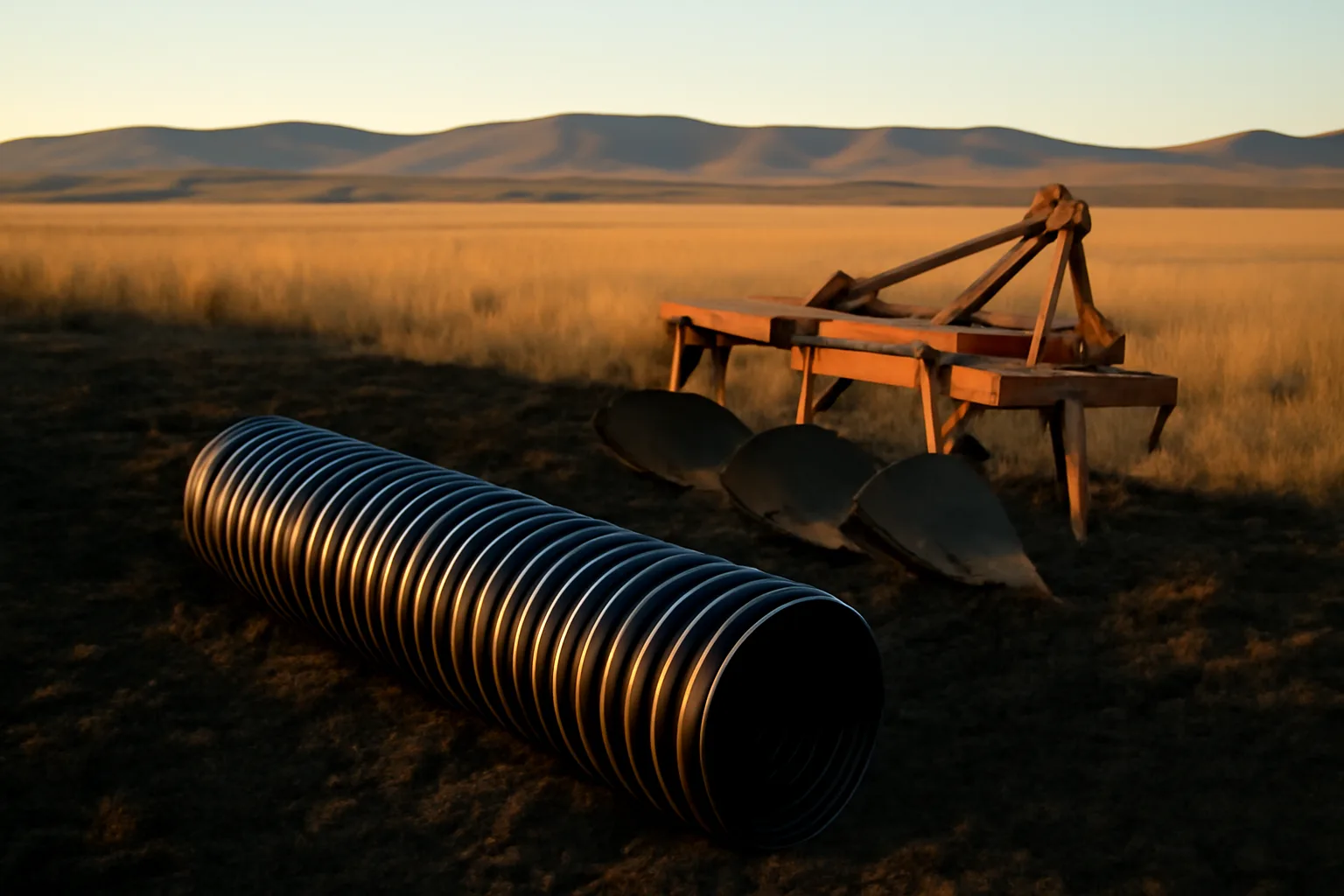 Corrugated drain pipe and tile plow on an Idaho farm field